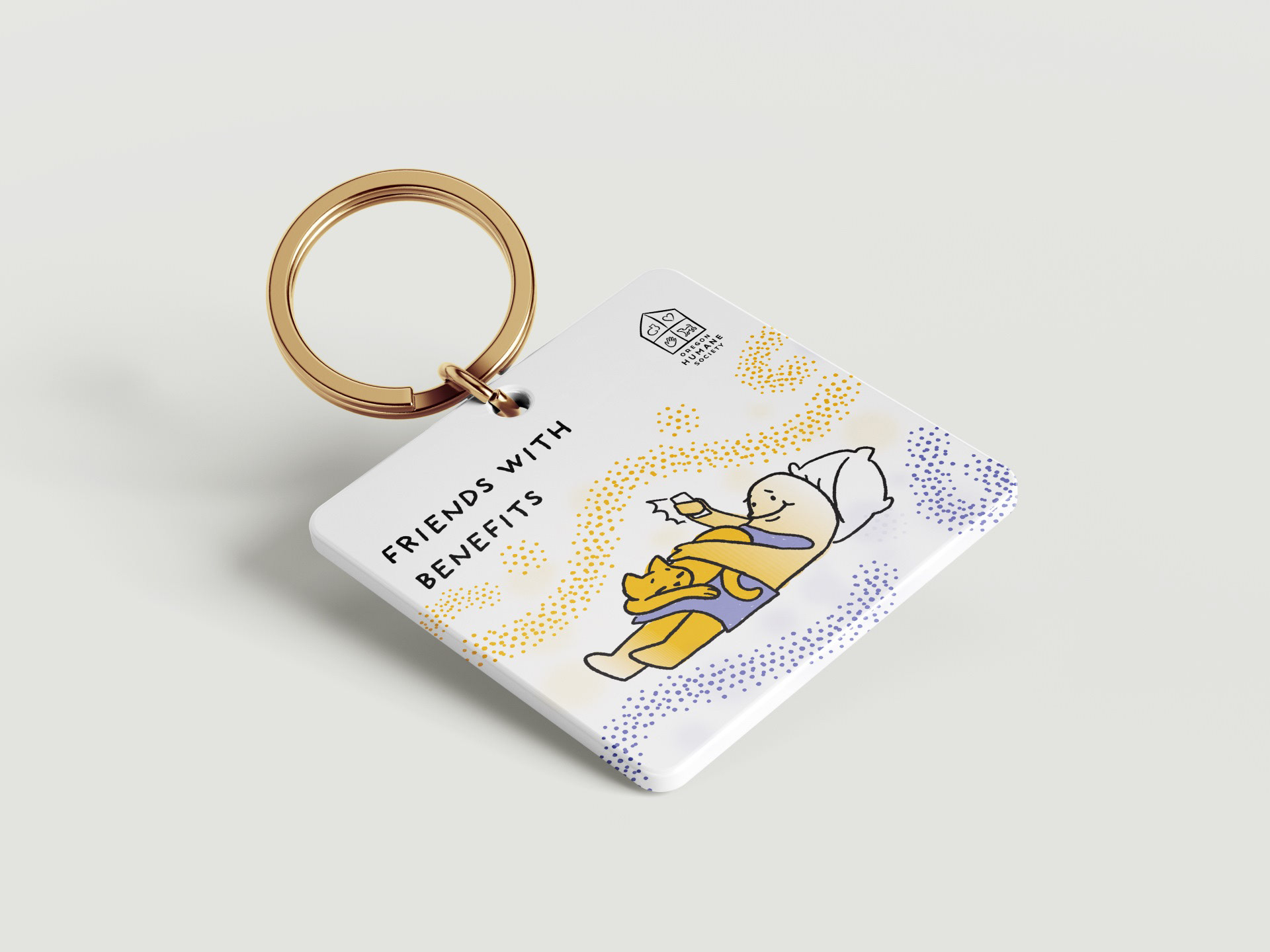 "Friends with Benefits" cat adoption keychain mockup.
