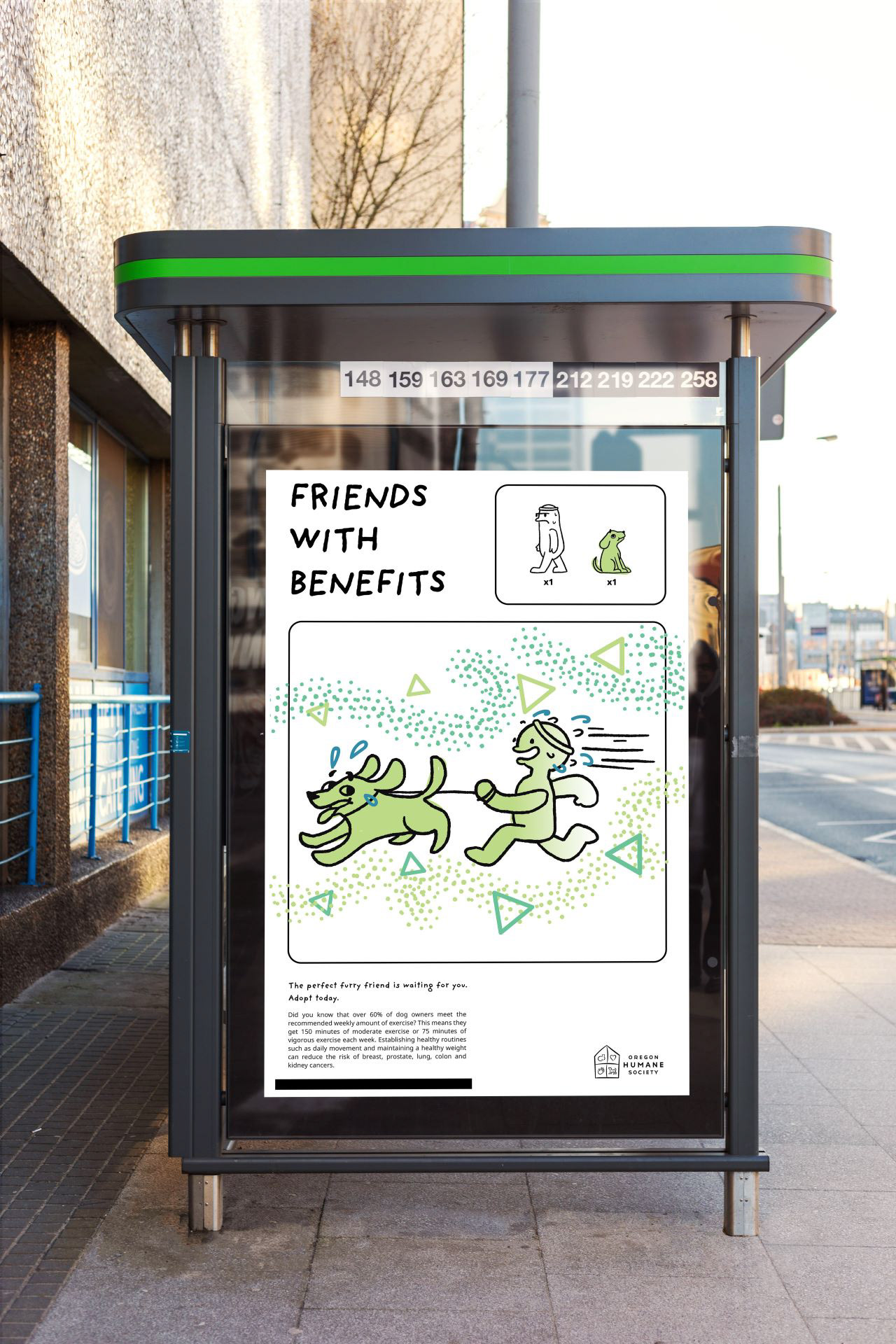 "Friends with Benefits" dog adoption bus shelter mockup.