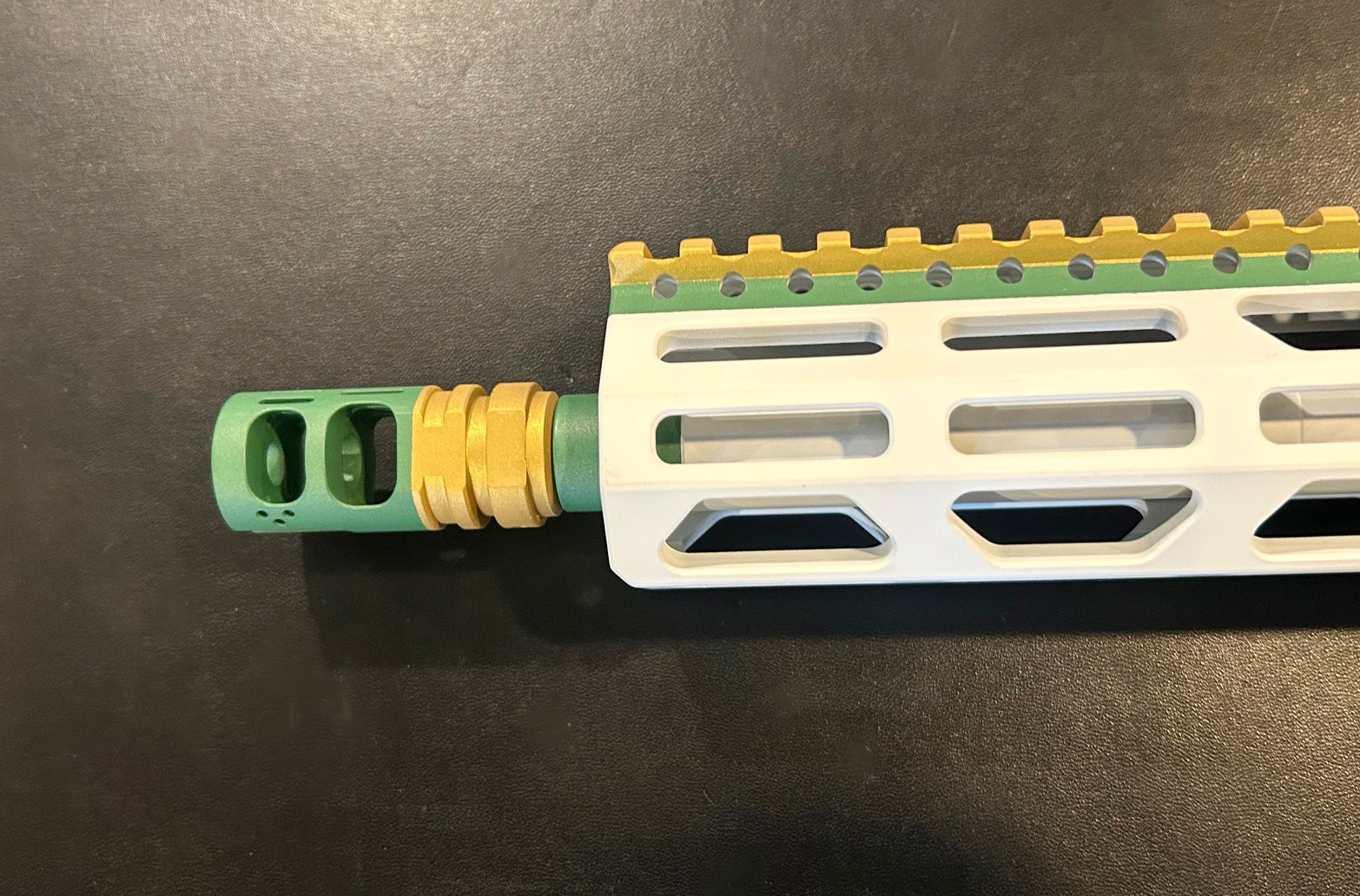 Custom Cerakote AR15 - Packers Football - White, Green & Gold - Muzzle Device  and Rail Detail