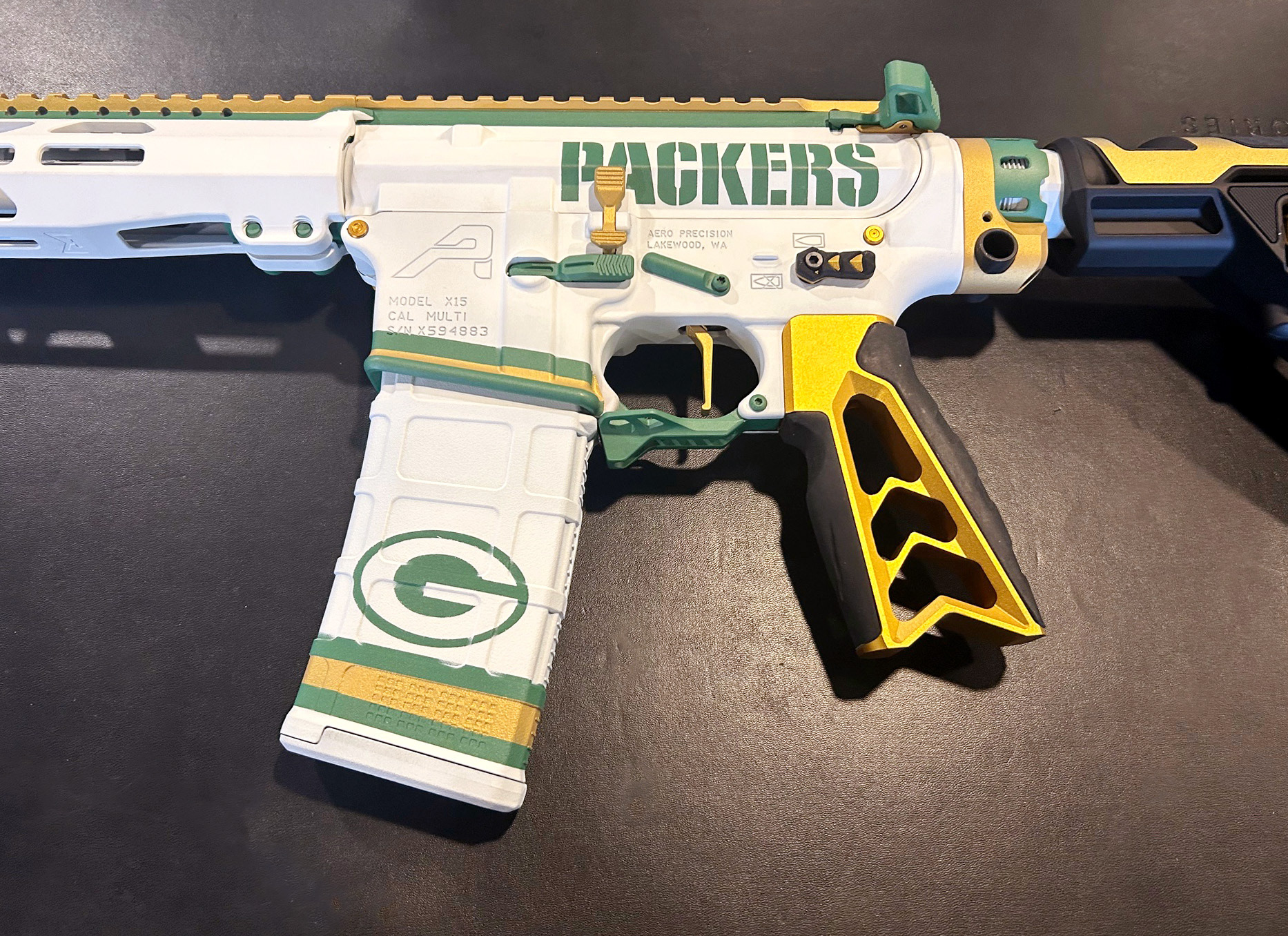Custom Cerakote AR15 - Packers Football - White, Green & Gold - Detail