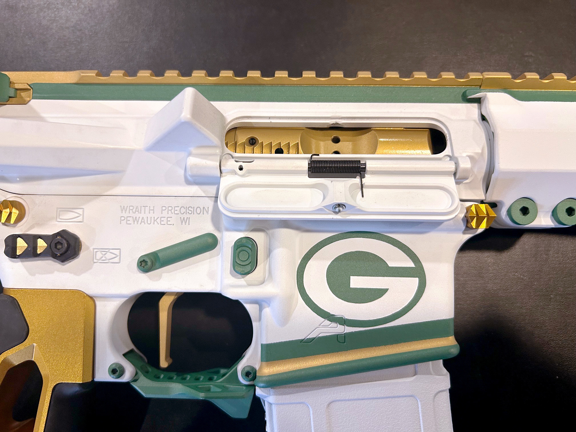 Custom Cerakote AR15 - Packers Football - White, Green & Gold - Detail