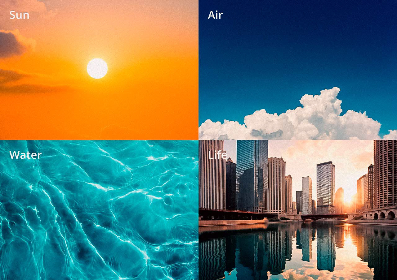 振興營造企業標誌設計概念，以陽光、空氣、水，三種自然元素再加上建築而成，建造人們良好生活環境為宗旨。