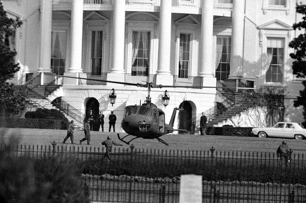 A stolen helicopter lands in front of the White House, 1974