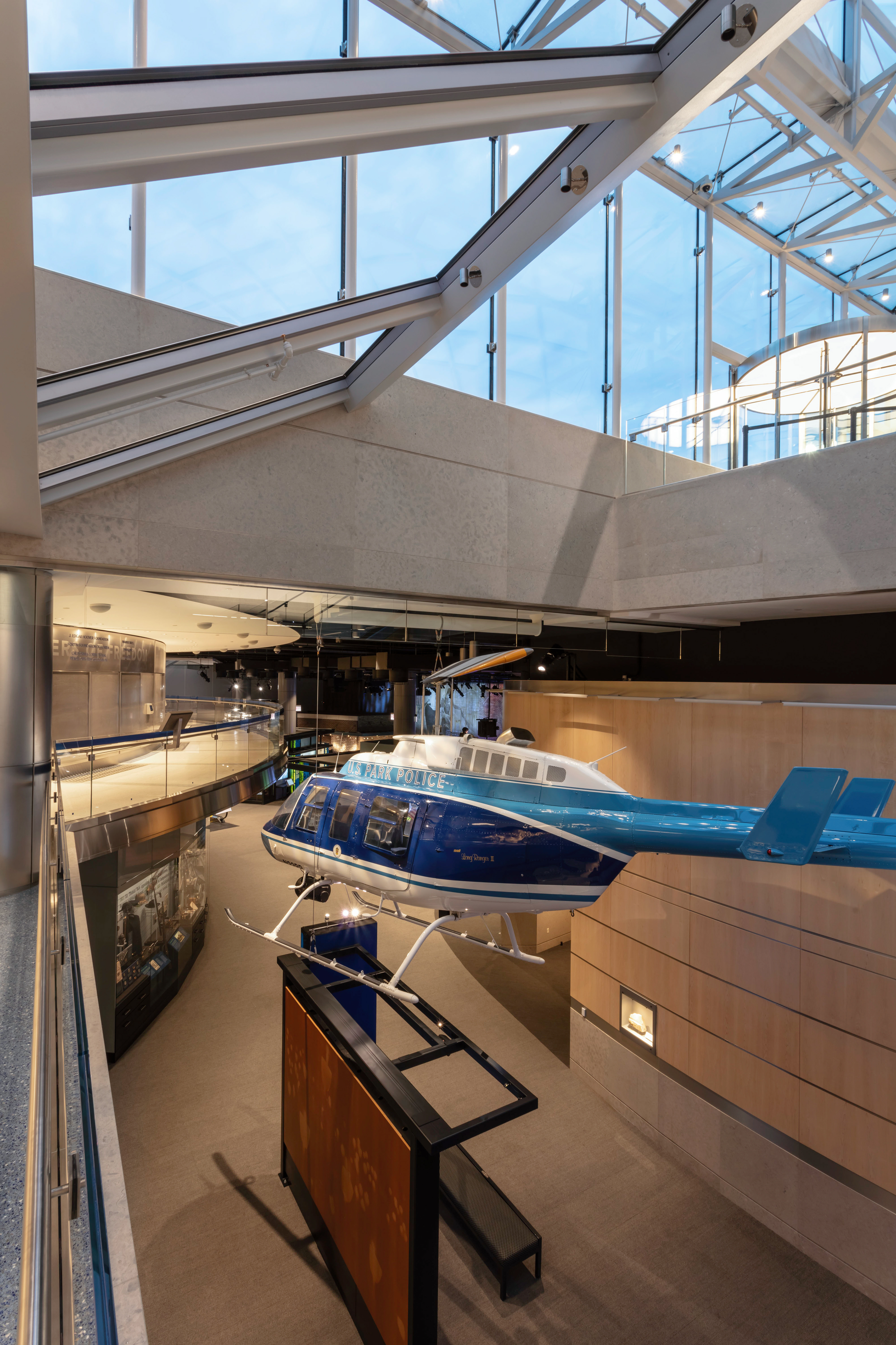 The 1982 Eagle One Helicopter now hangs in the gallery at the National Law Enforcement Museum.