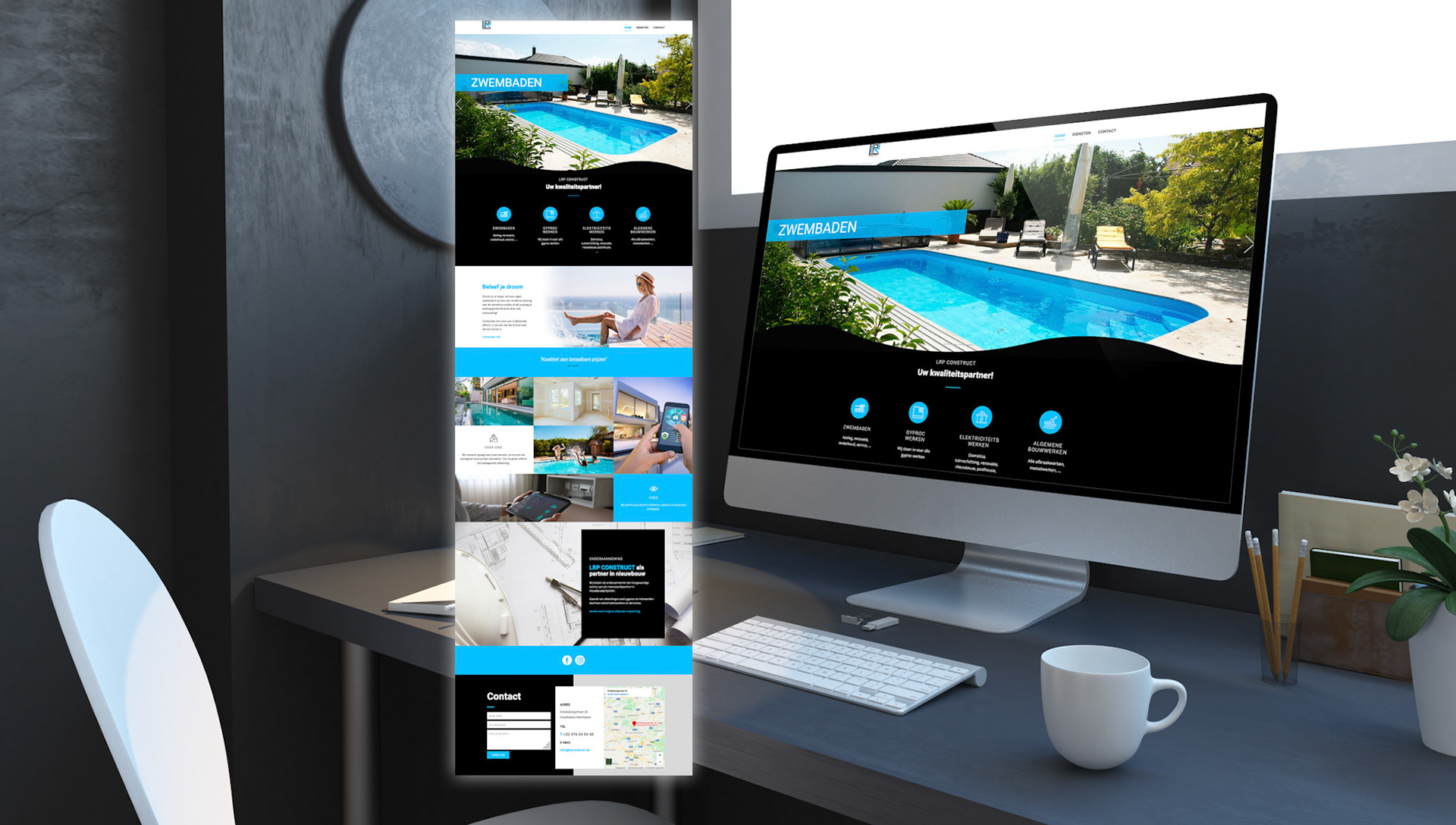 business data at computer  desktop in navy blue 3d rendering mockup