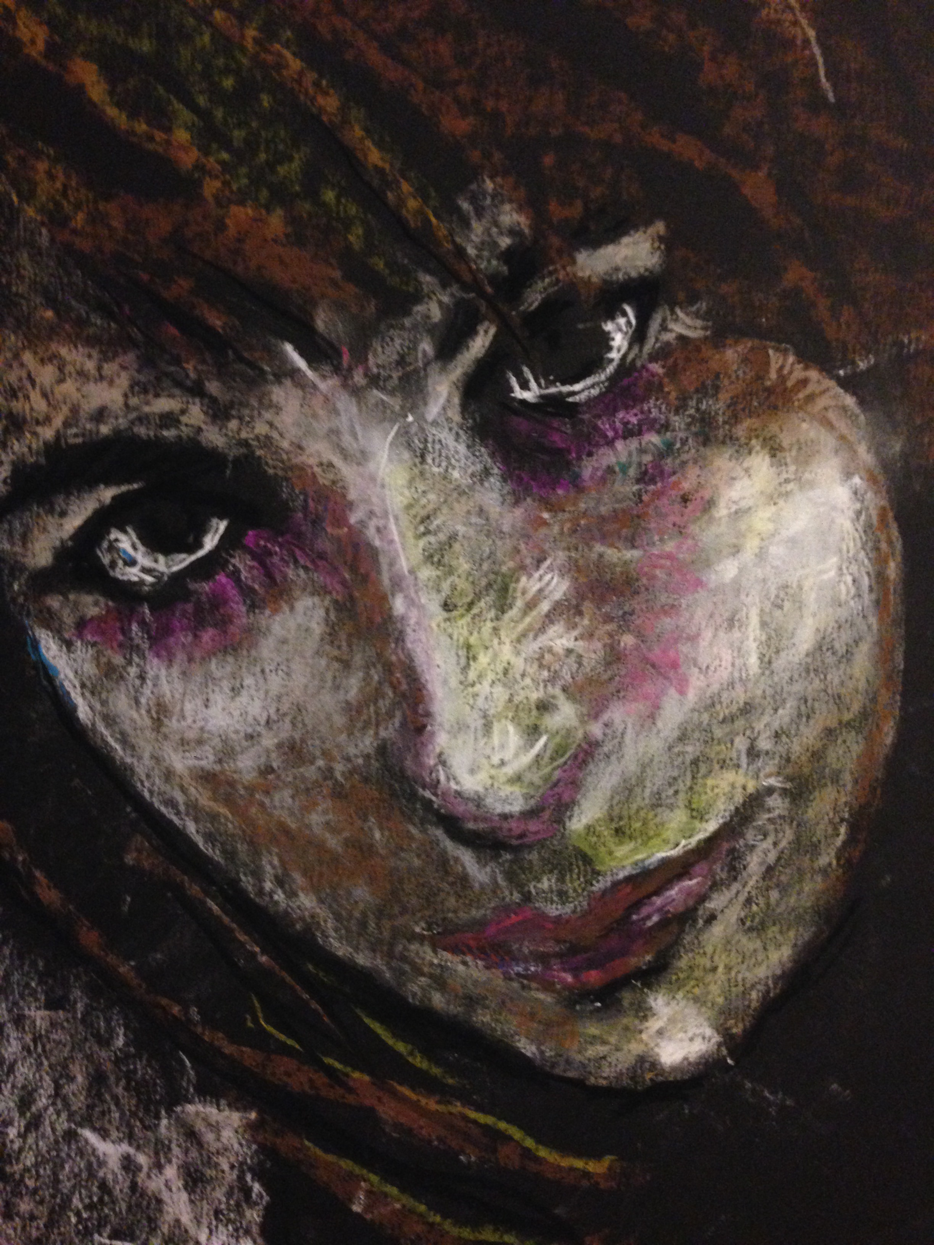portrait detail. Chalk and oil pastel on black paper