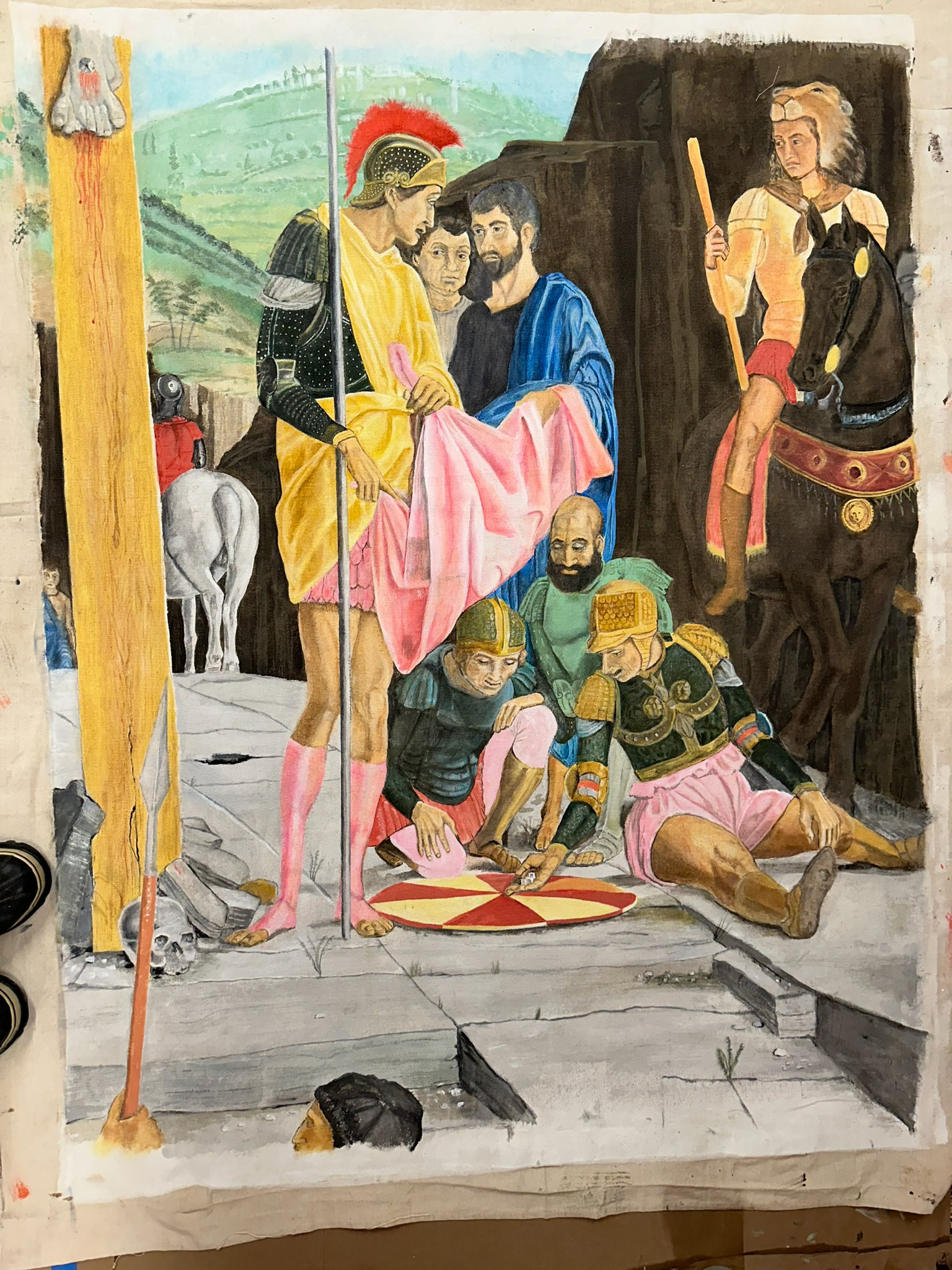 scenic drop on muslin 62 x 50"- reproduction of Mantegna's Crucifixion 