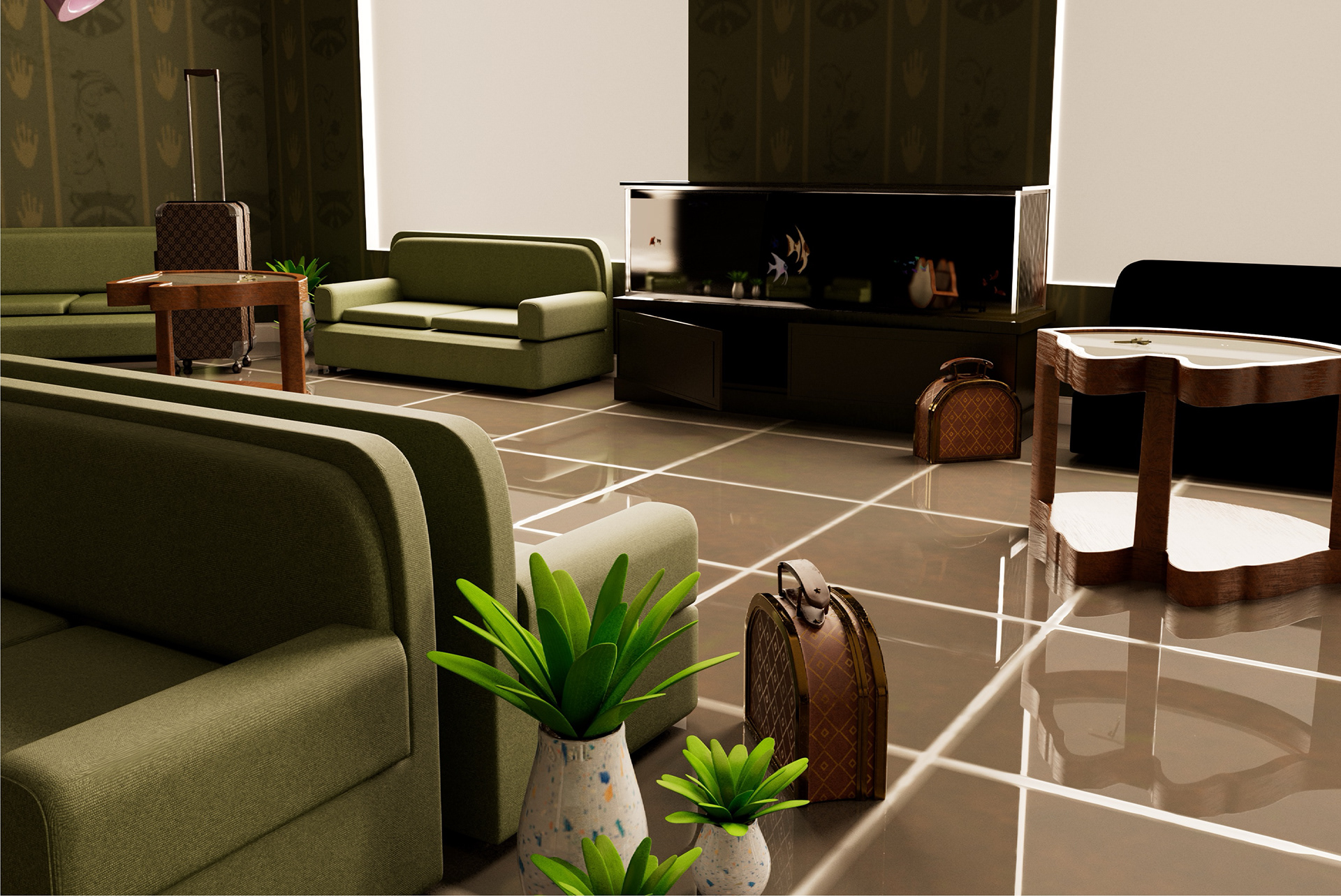 Hotel Lobby || Models, Textures || Couches, Plants, Fish Tank