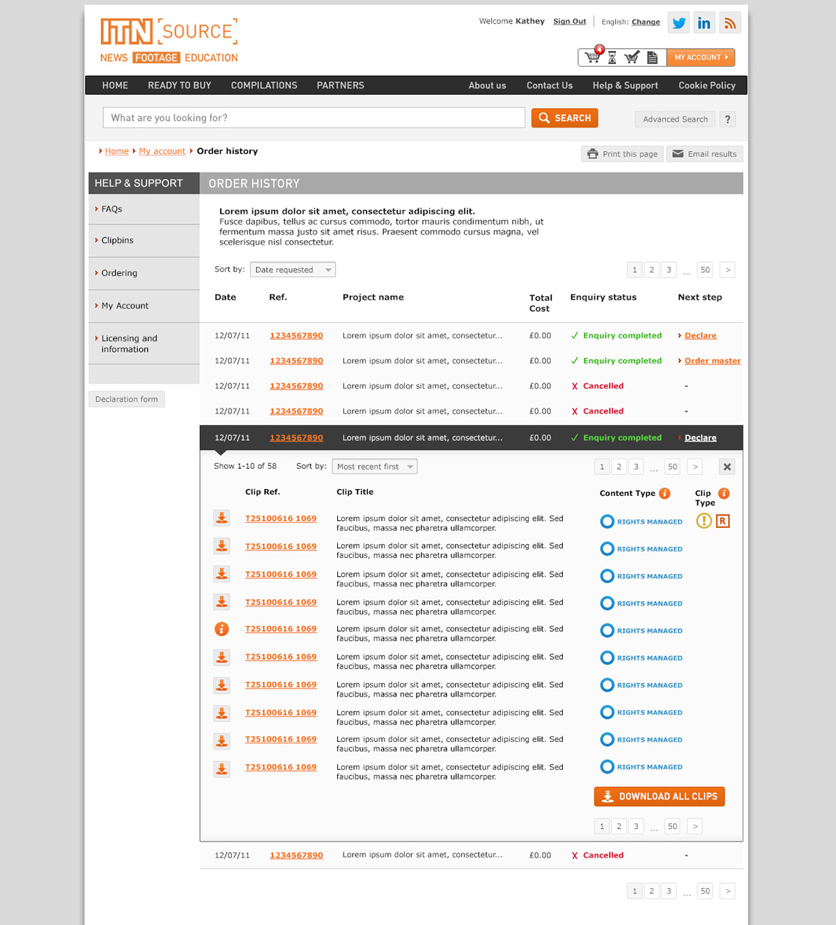 Order history with enquiry status tracking