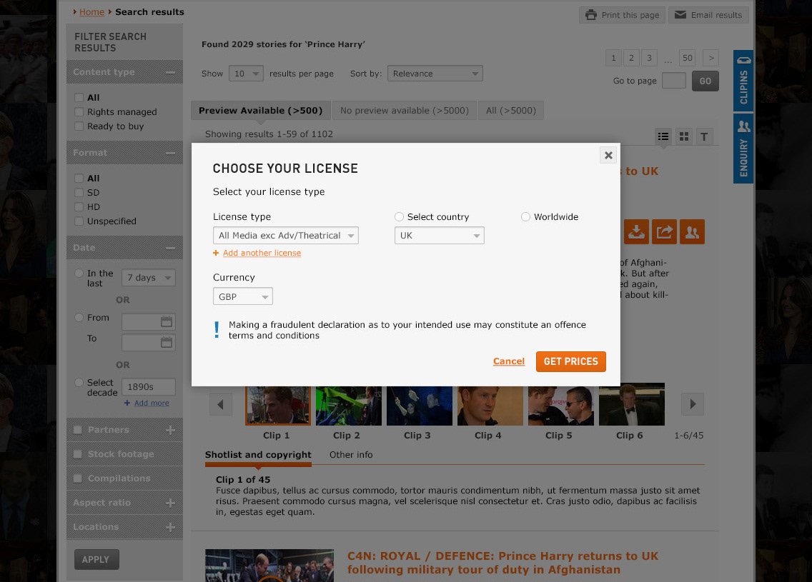 License selection overlay