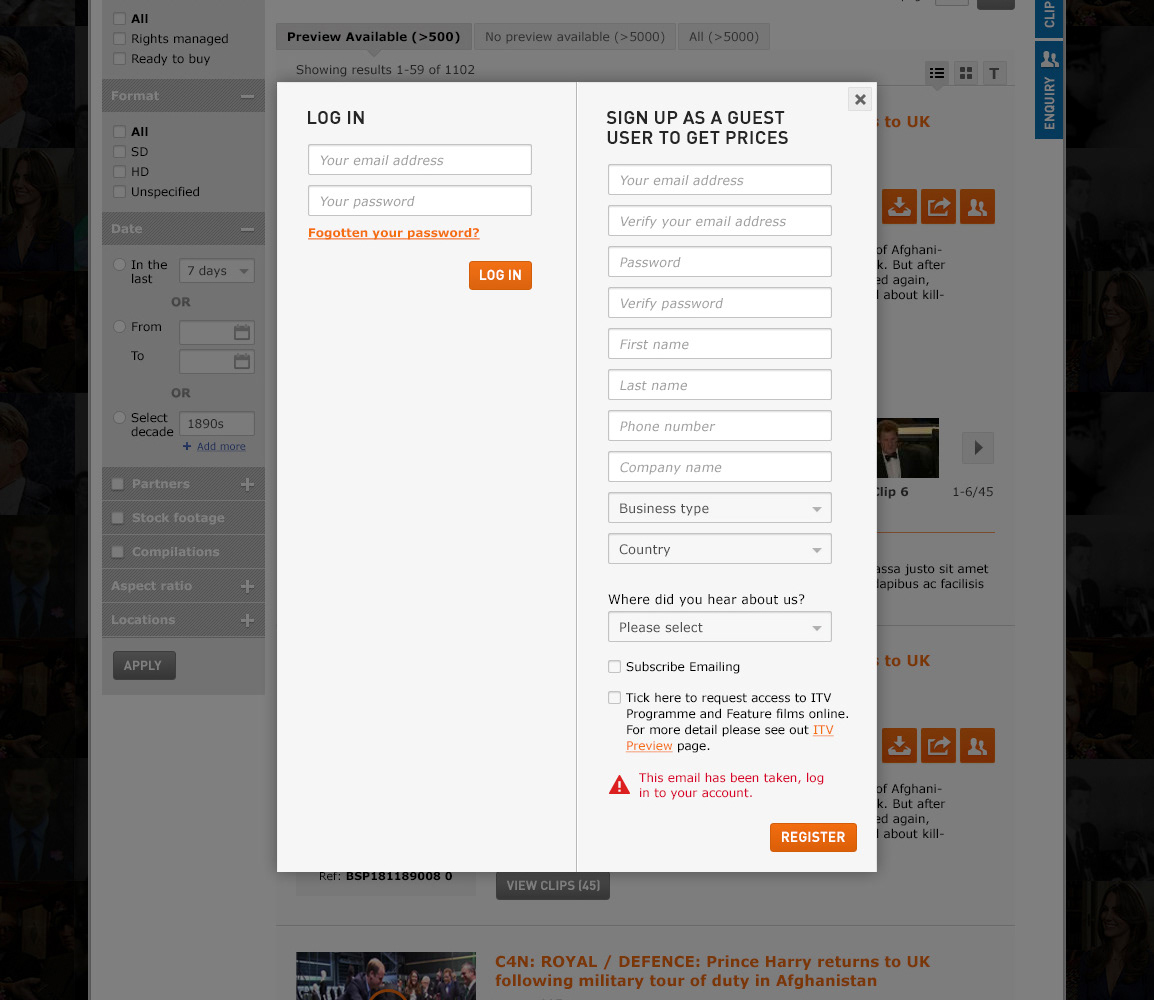 Login / sign-up overlay