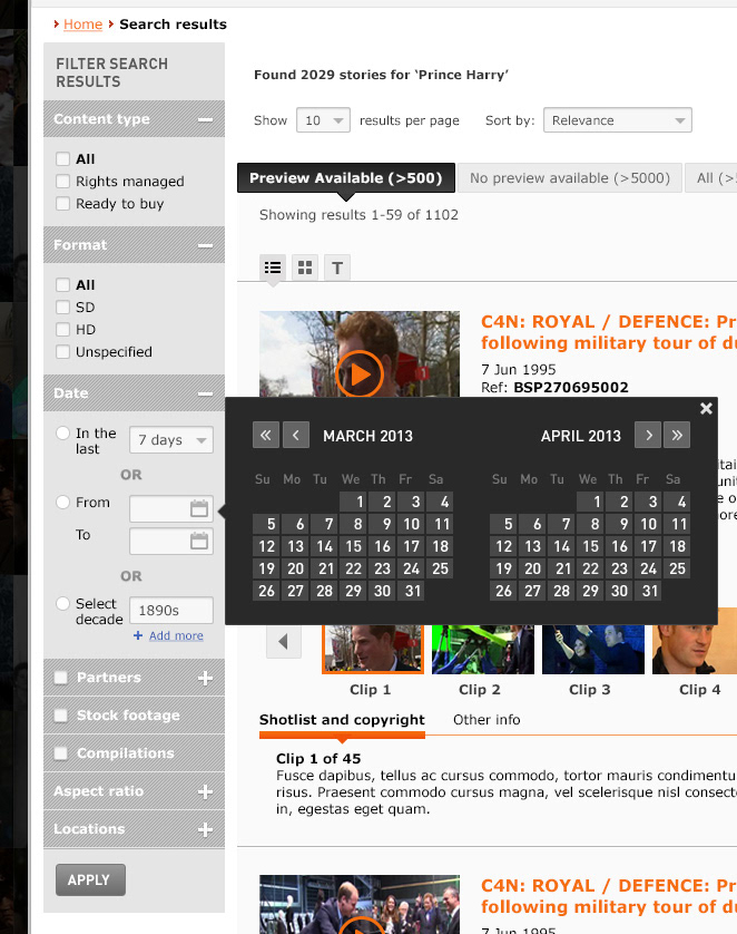 Filter panel with date selection interaction