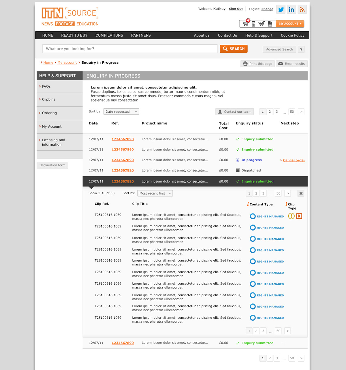 Enquiry workflow states (submitted, in progress, dispatched)