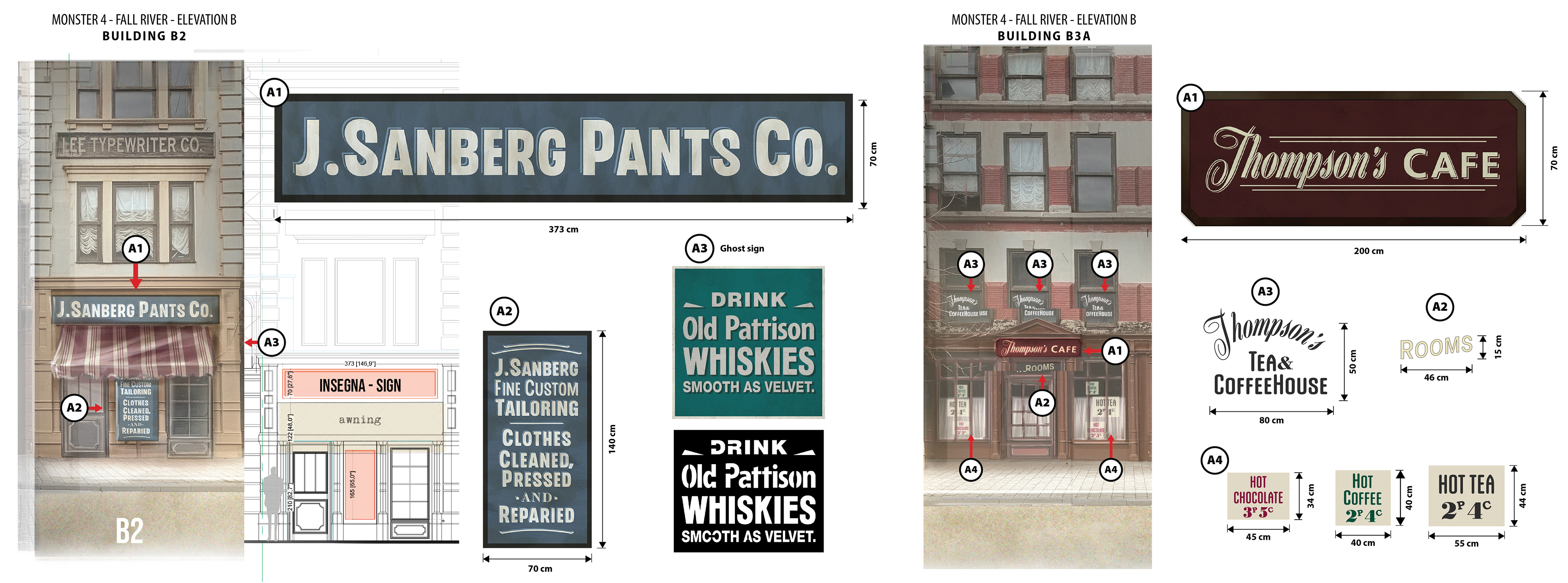 Monster: Season 4 | Fall River Backlot | Elevation B Tailor Shop, Ghost sign, Cafè | Art Director: Anna Cuciniello | Graphic Artist: Tommaso Borrelli