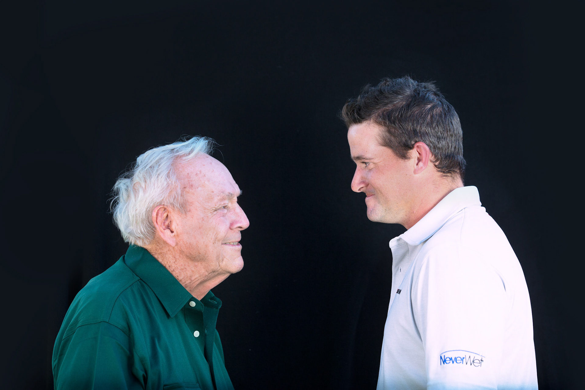 Arnold Palmer and Sam Saunders for GolfWeek. (Photo by Allan Henry / ahenry.com)