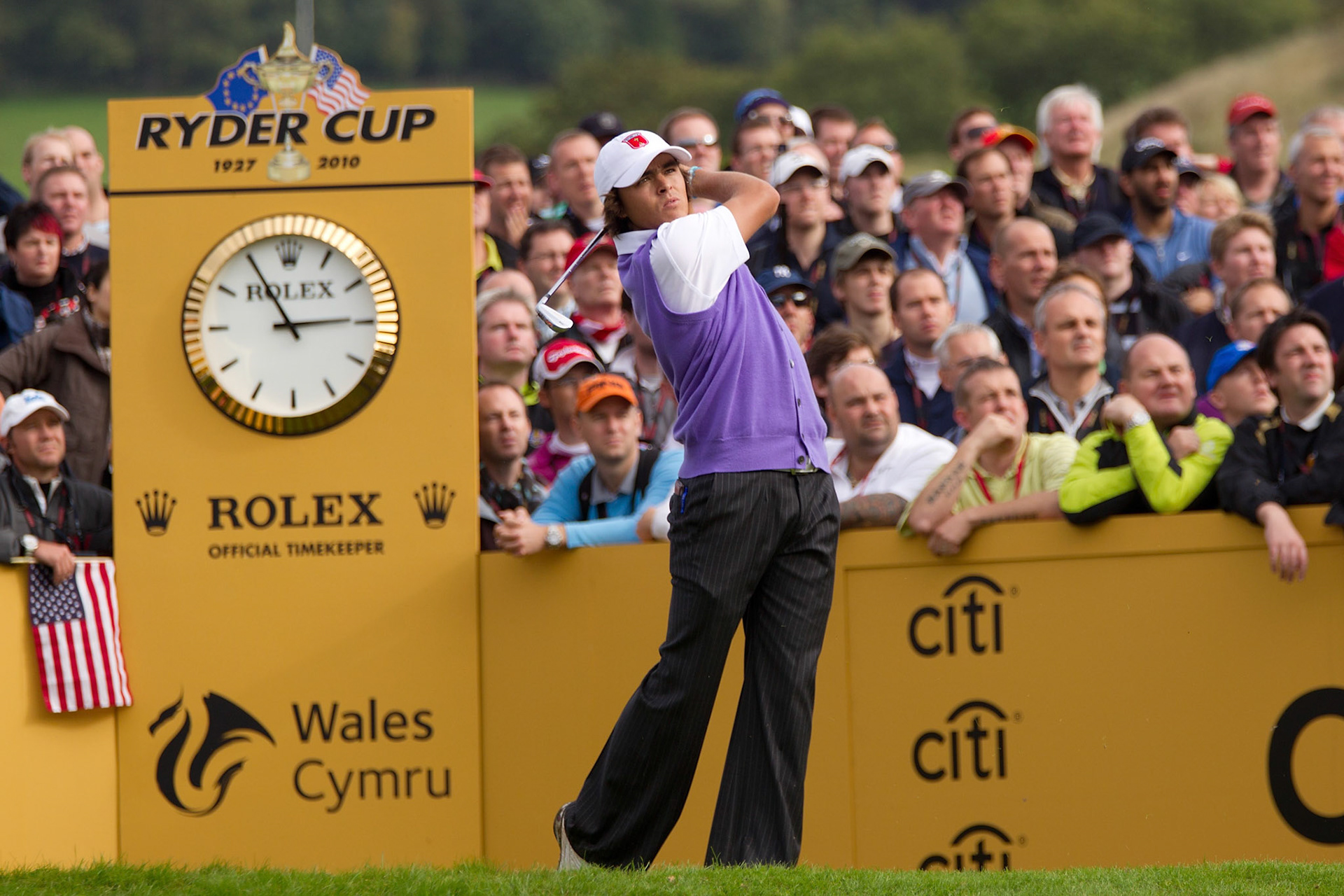 Oct. 2, 2010; Newport, WALES; Rickie Fowler with his tee shot on the 17th during the second session of the 38th Ryder Cup at Celtic Manor Resort. Mandatory Credit: Allan Henry-US PRESSWIRE