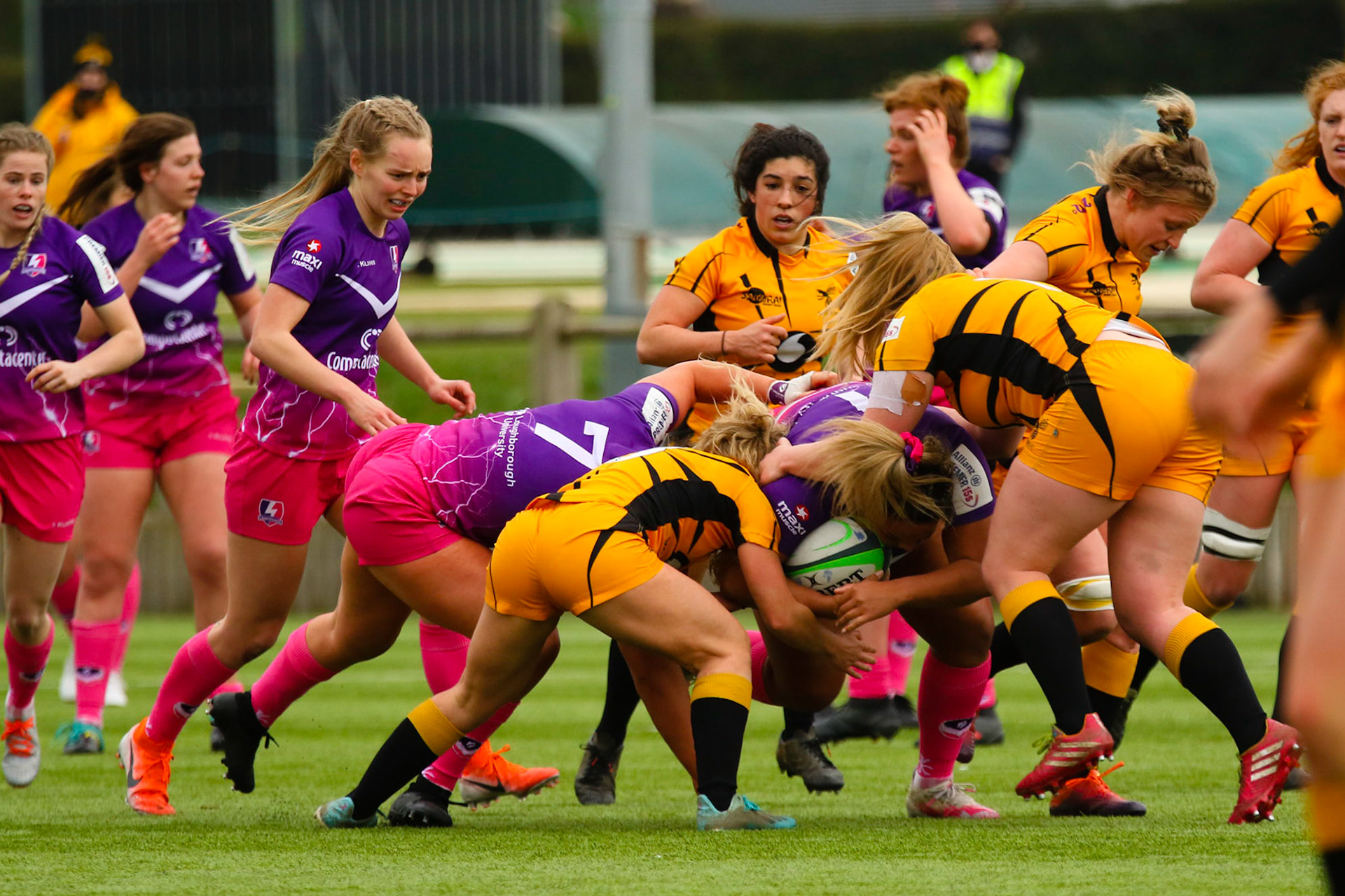 Action shot during the Allianz Premier 15s match between Loughborough Lightning and Wasps Ladies at Loughborough University, Loughborough, England on 20th March 2021.