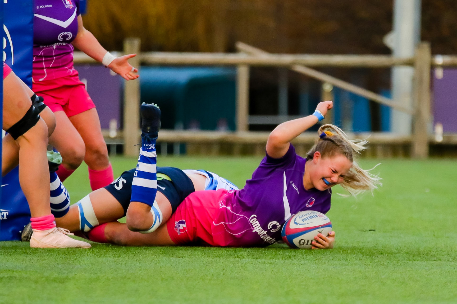 TRY! Maja Meuller of Loughborough Lightning during the Allianz Premier 15s match between Loughborough Lightning and DMP Sharks at The Loughborough University, England on 28th Jan 2022. © @benlumleyphoto
