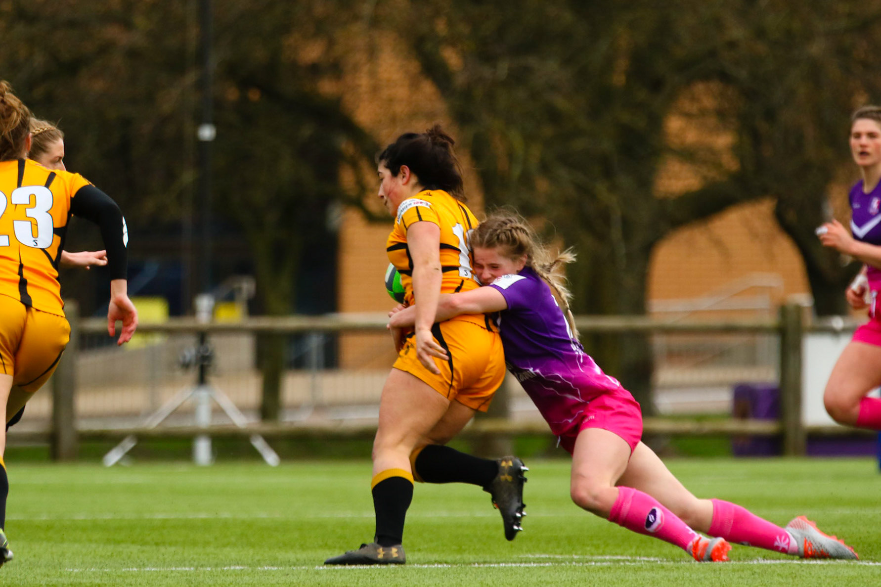 Action shot during the Allianz Premier 15s match between Loughborough Lightning and Wasps Ladies at Loughborough University, Loughborough, England on 20th March 2021.