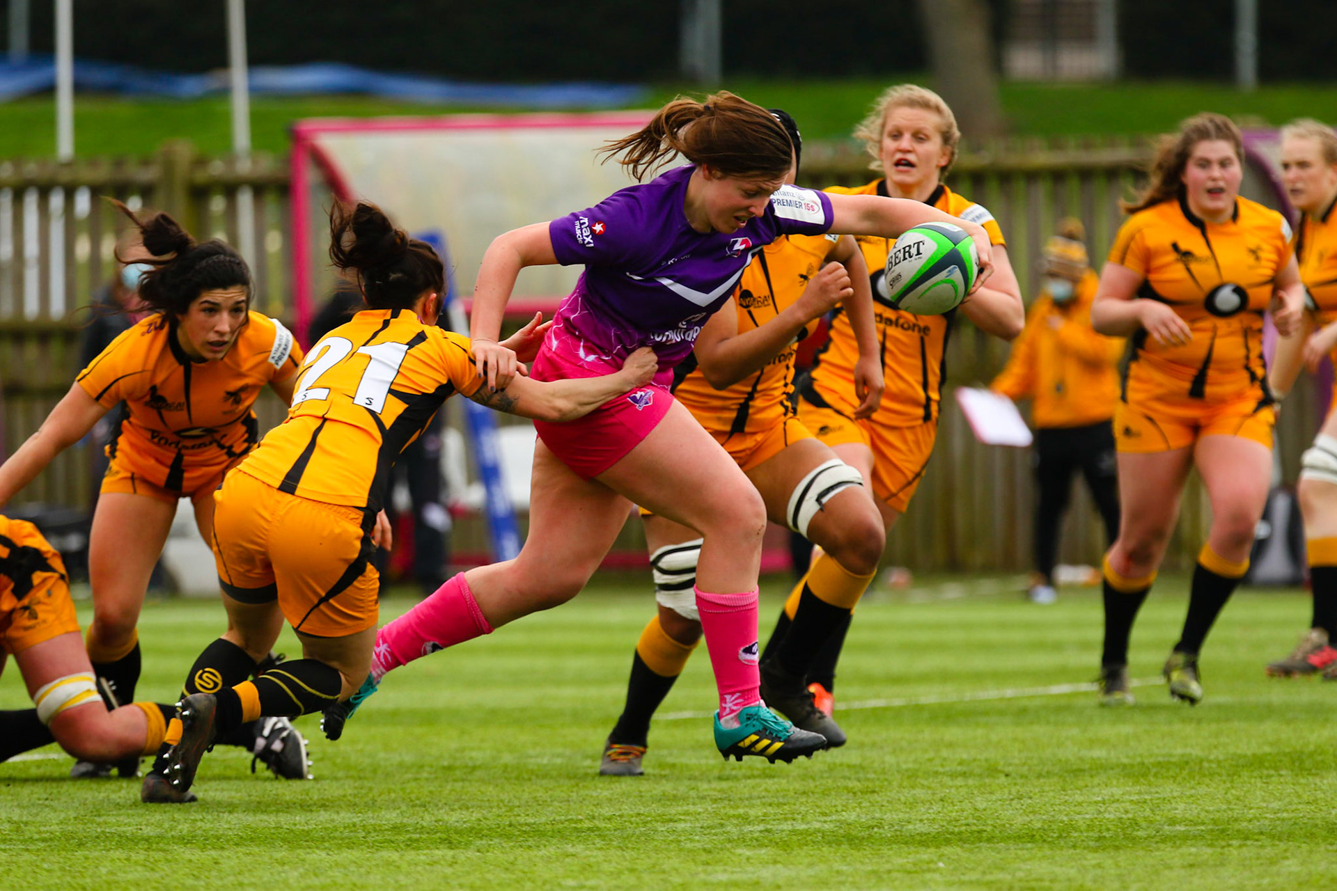 Action shot during the Allianz Premier 15s match between Loughborough Lightning and Wasps Ladies at Loughborough University, Loughborough, England on 20th March 2021.