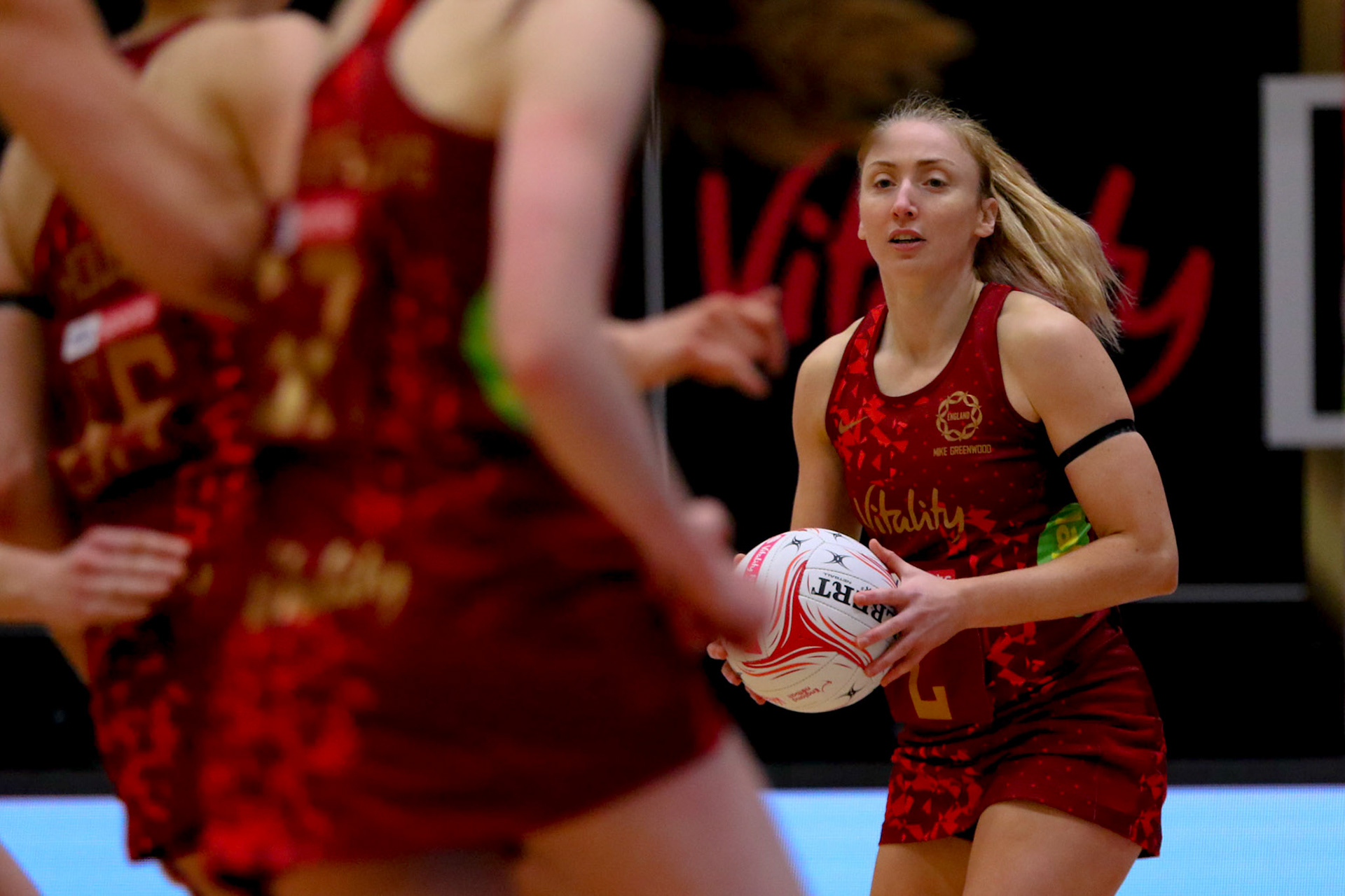 Jade Clarke of the Vitality England Roses during Game 2 of the Vitality Netball Legends Series at Loughborough University, Loughborough, England on 22th January 2021