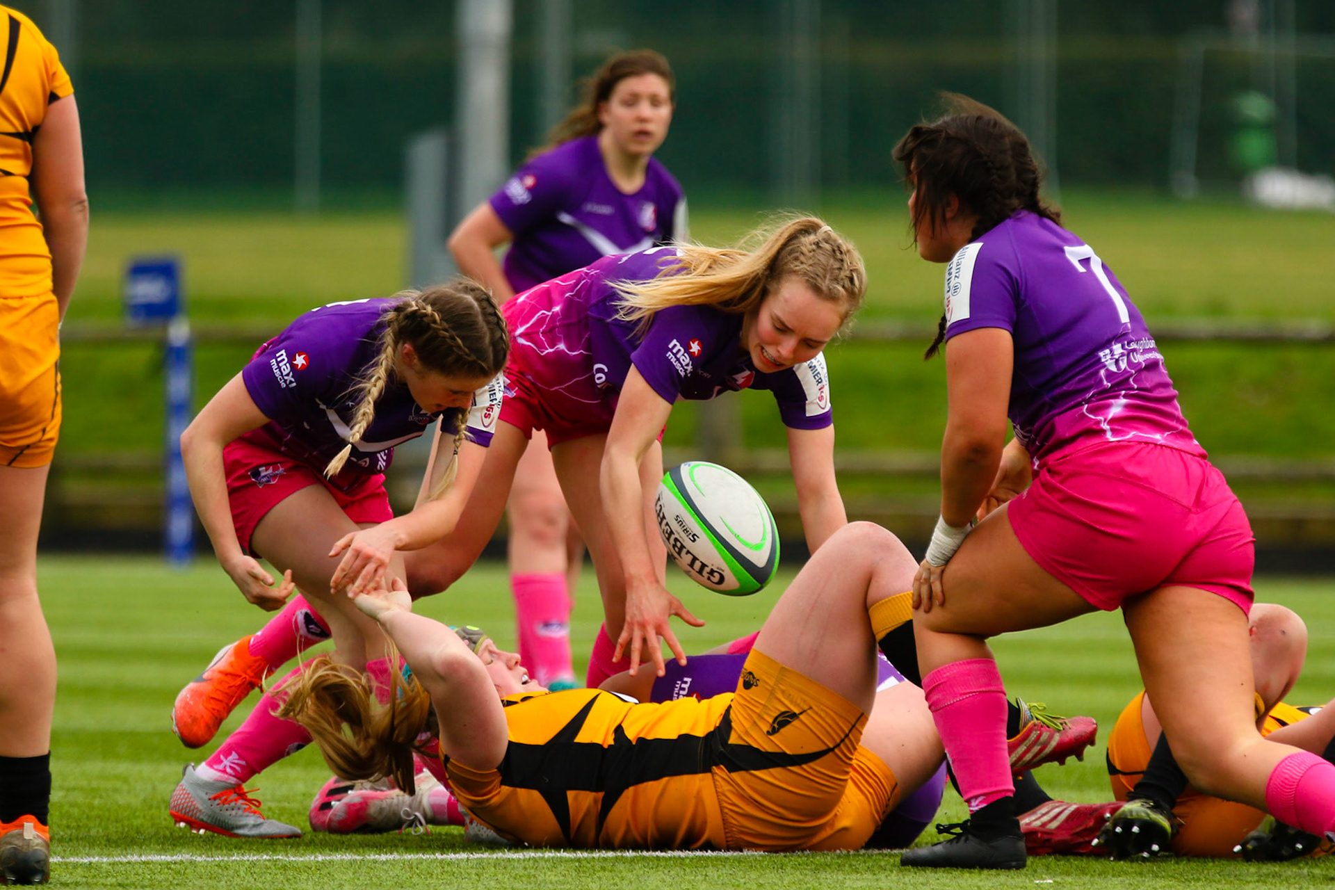 Action shot during the Allianz Premier 15s match between Loughborough Lightning and Wasps Ladies at Loughborough University, Loughborough, England on 20th March 2021.