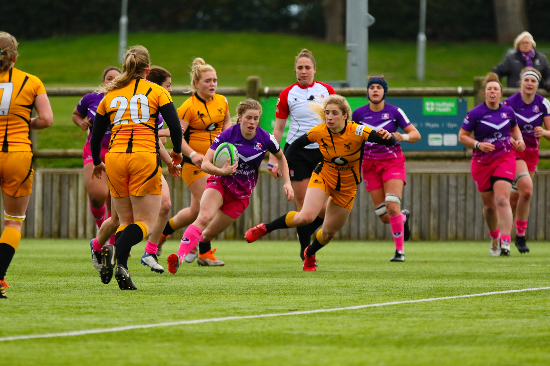 Action shot during the Allianz Premier 15s match between Loughborough Lightning and Wasps Ladies at Loughborough University, Loughborough, England on 20th March 2021.