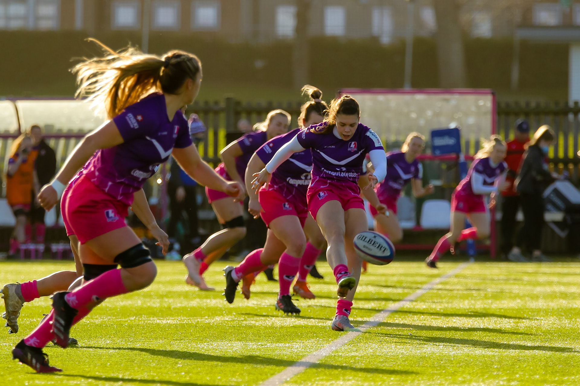 Kick off with Helena Rowland of Loughborough Lightning during the Allianz Premier 15s match between Loughborough Lightning and DMP Sharks at The Loughborough University, England on 28th Jan 2022. © @benlumleyphoto