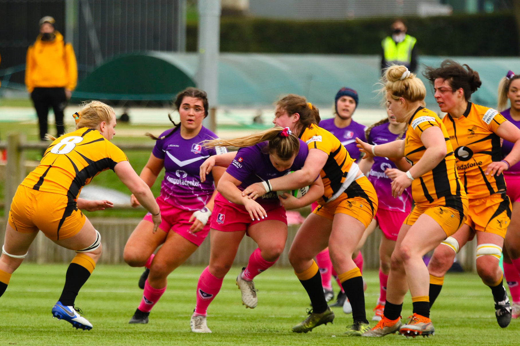 Action shot during the Allianz Premier 15s match between Loughborough Lightning and Wasps Ladies at Loughborough University, Loughborough, England on 20th March 2021.