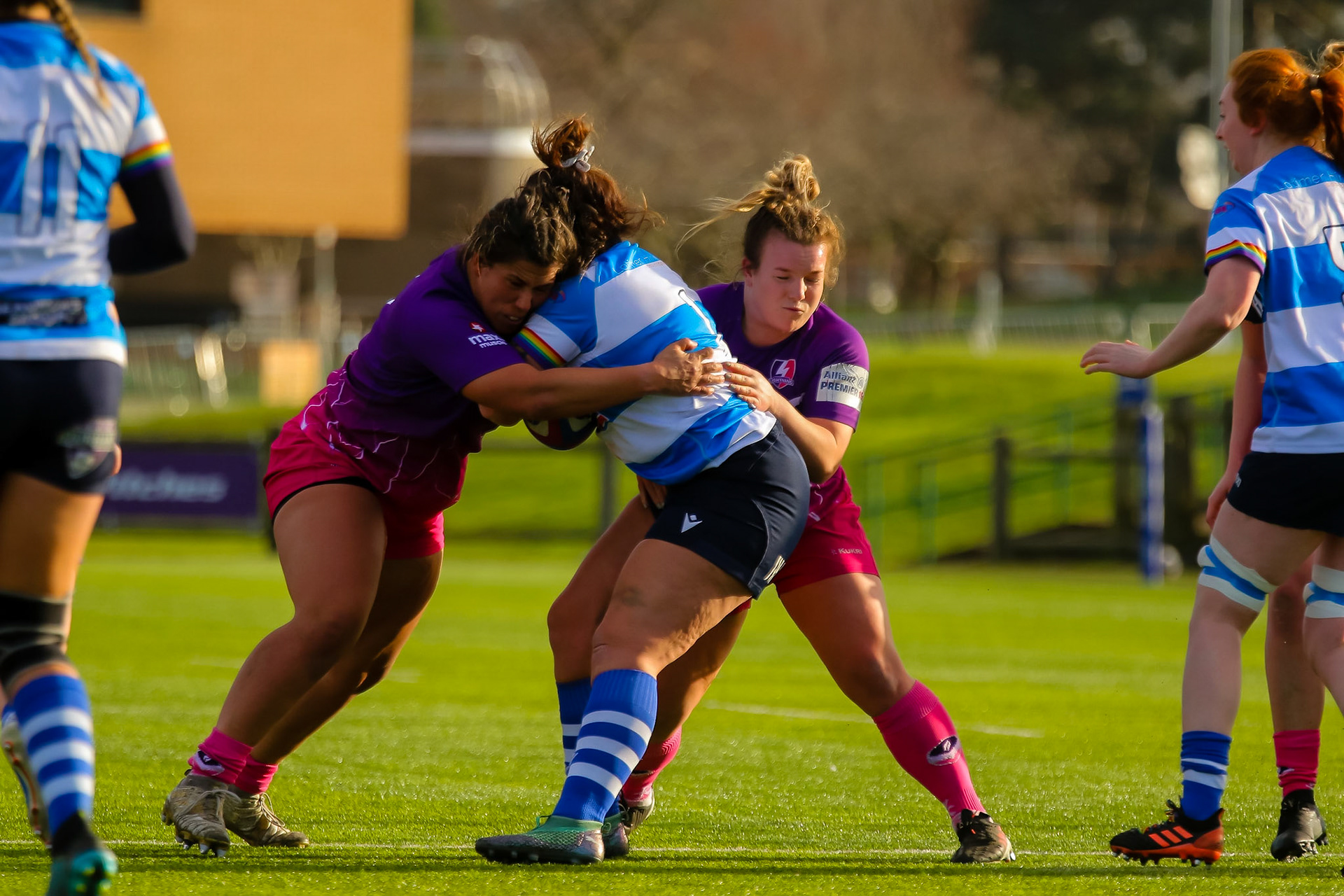 Charli Jacoby of Loughborough Lightning and Lark Davies (c) of Loughborough Lightning during the Allianz Premier 15s match between Loughborough Lightning and DMP Sharks at The Loughborough University, England on 28th Jan 2022. © @benlumleyphoto
