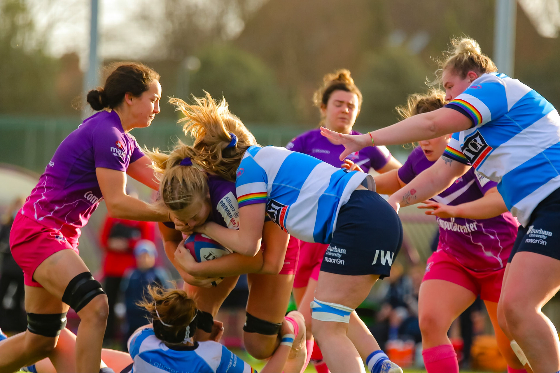Courtney Holtkamp of Loughborough Lightning during the Allianz Premier 15s match between Loughborough Lightning and DMP Sharks at The Loughborough University, England on 28th Jan 2022. © @benlumleyphoto