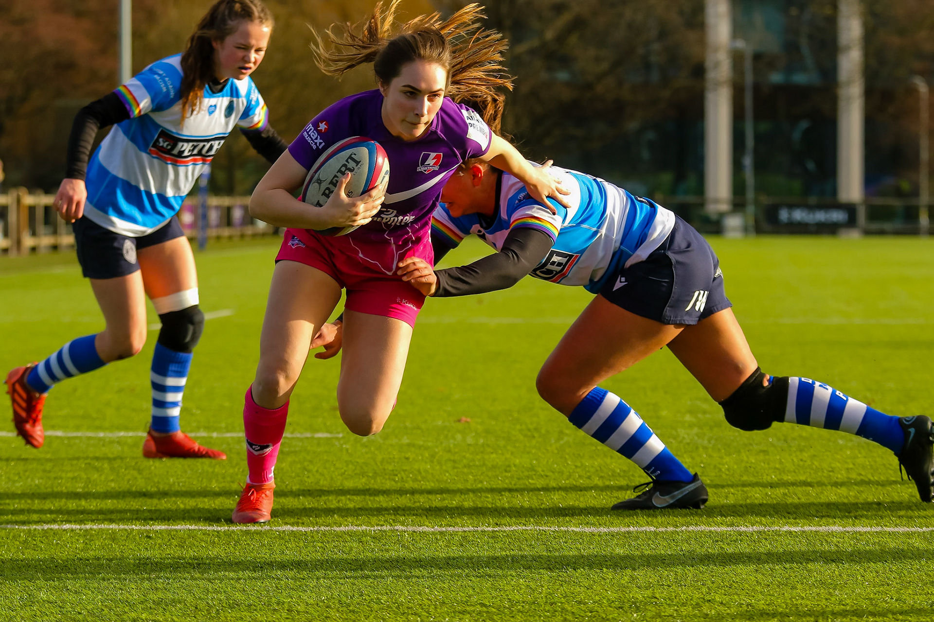 TRY! Bo Westcombe Evans of Loughborough Lightning during the Allianz Premier 15s match between Loughborough Lightning and DMP Sharks at The Loughborough University, England on 28th Jan 2022. © @benlumleyphoto