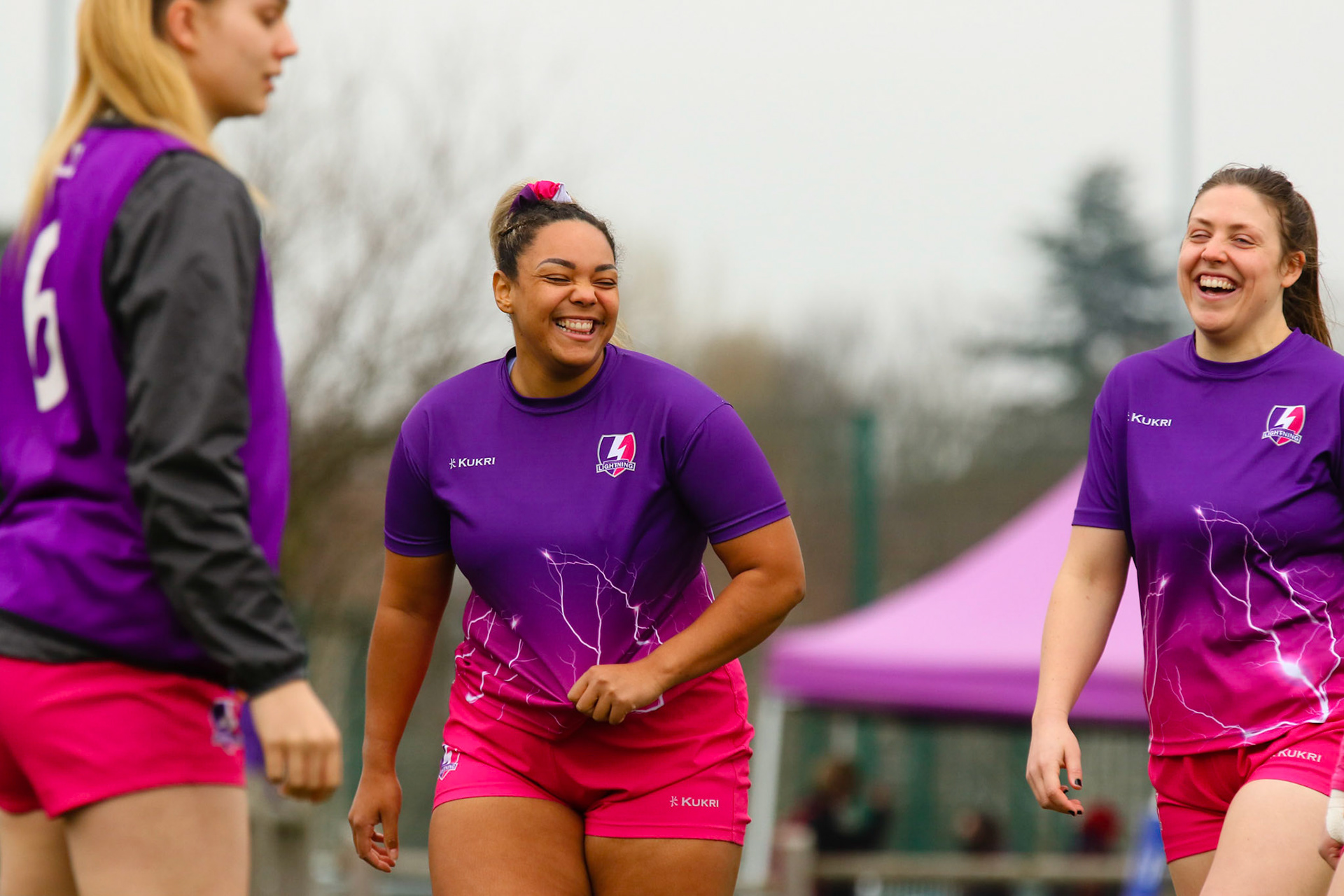 Warm up during the Allianz Premier 15s match between Loughborough Lightning and Wasps Ladies at Loughborough University, Loughborough, England on 20th March 2021.