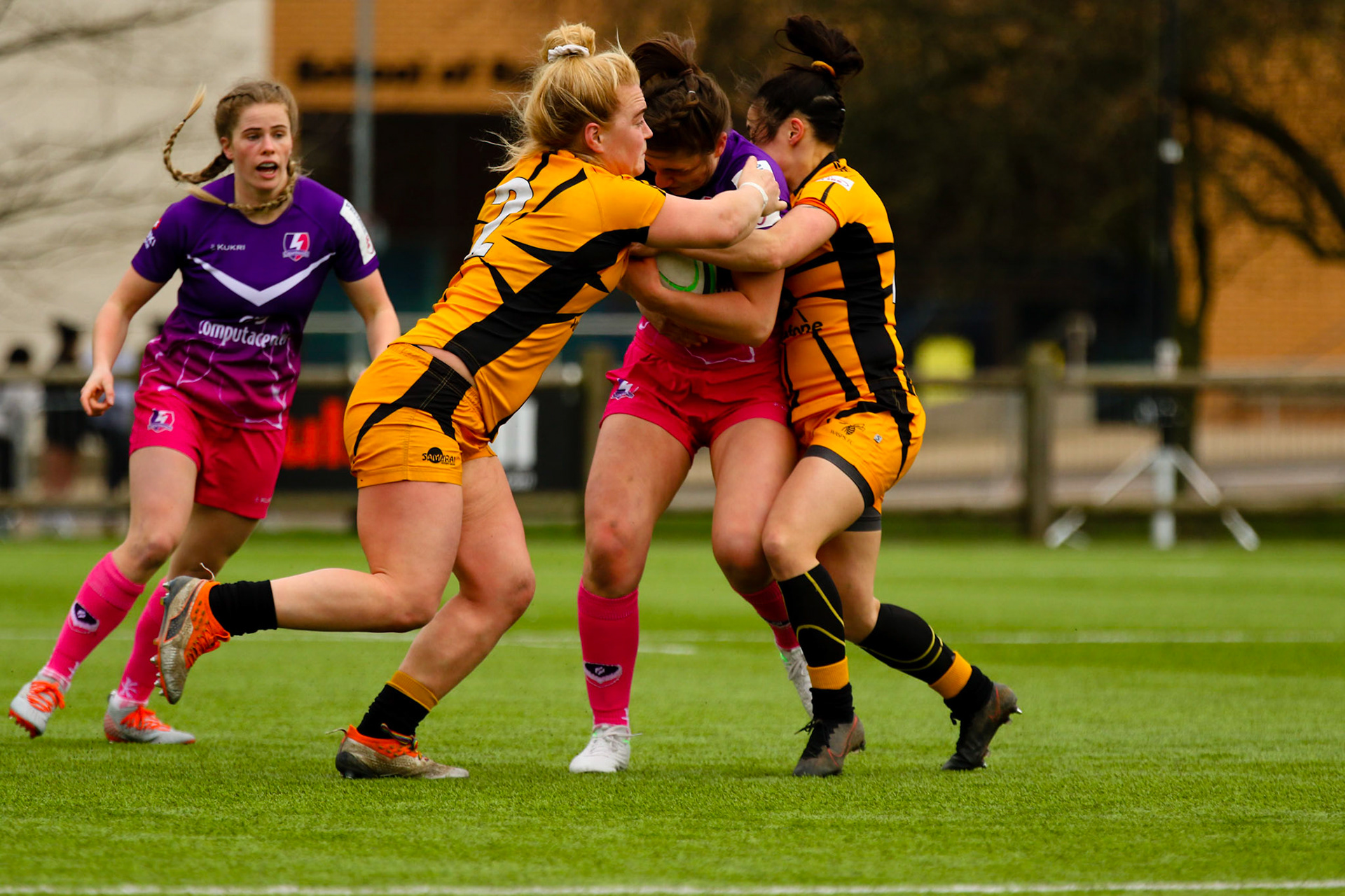 Action shot during the Allianz Premier 15s match between Loughborough Lightning and Wasps Ladies at Loughborough University, Loughborough, England on 20th March 2021.