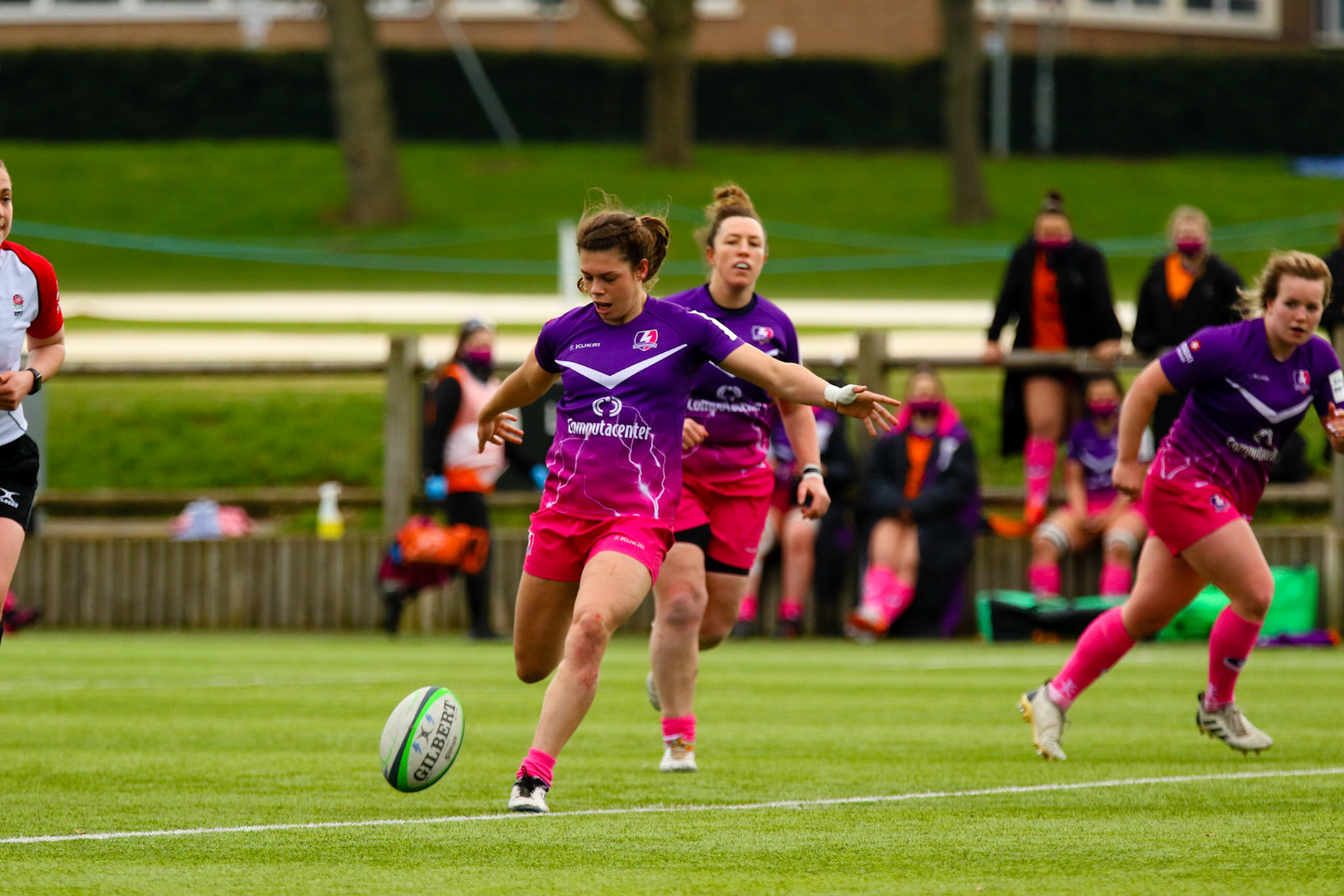 Action shot during the Allianz Premier 15s match between Loughborough Lightning and Wasps Ladies at Loughborough University, Loughborough, England on 20th March 2021.