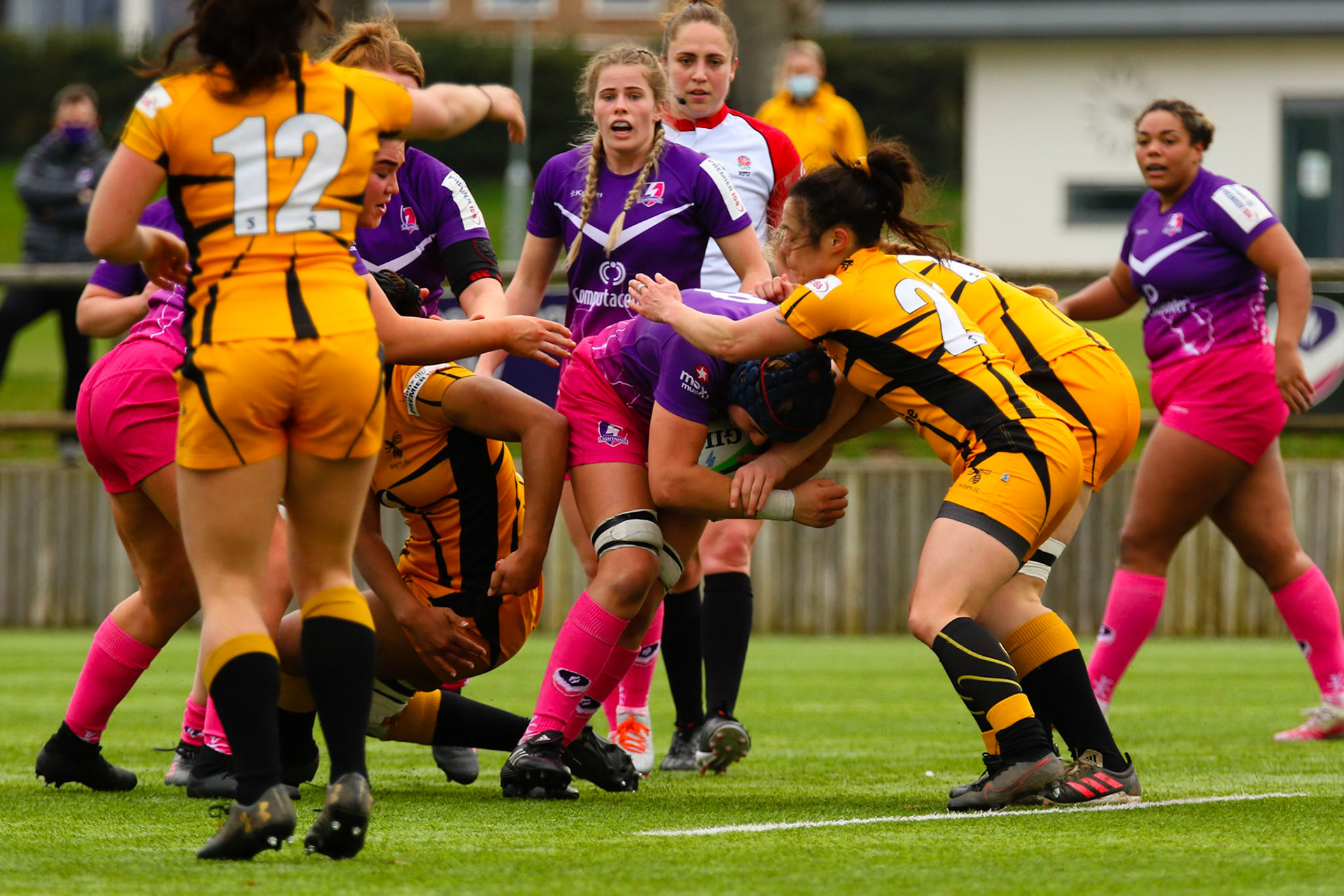 Action shot during the Allianz Premier 15s match between Loughborough Lightning and Wasps Ladies at Loughborough University, Loughborough, England on 20th March 2021.