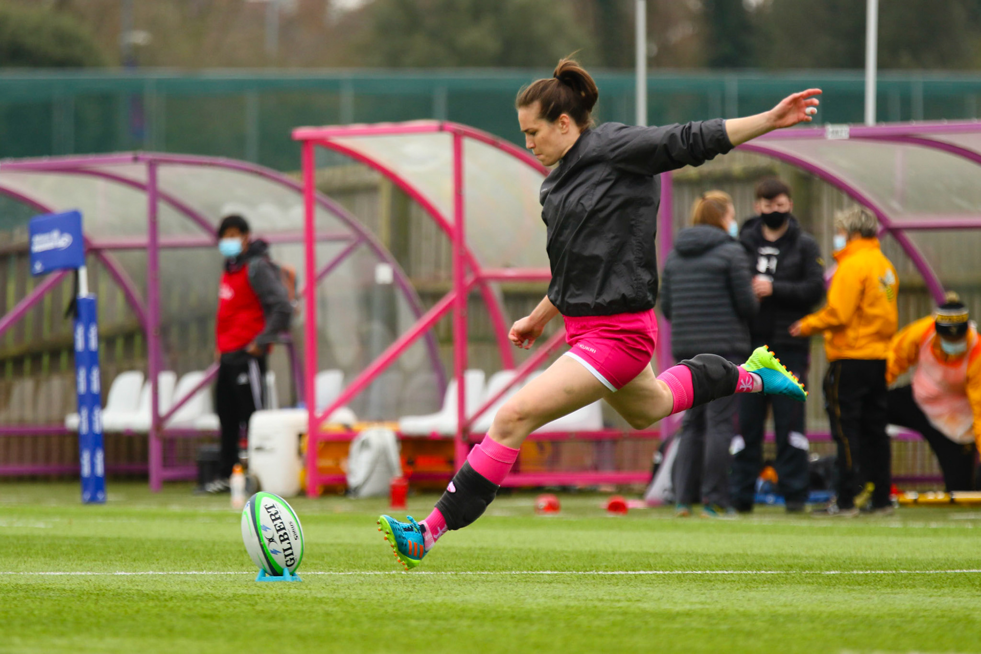Warm up during the Allianz Premier 15s match between Loughborough Lightning and Wasps Ladies at Loughborough University, Loughborough, England on 20th March 2021.