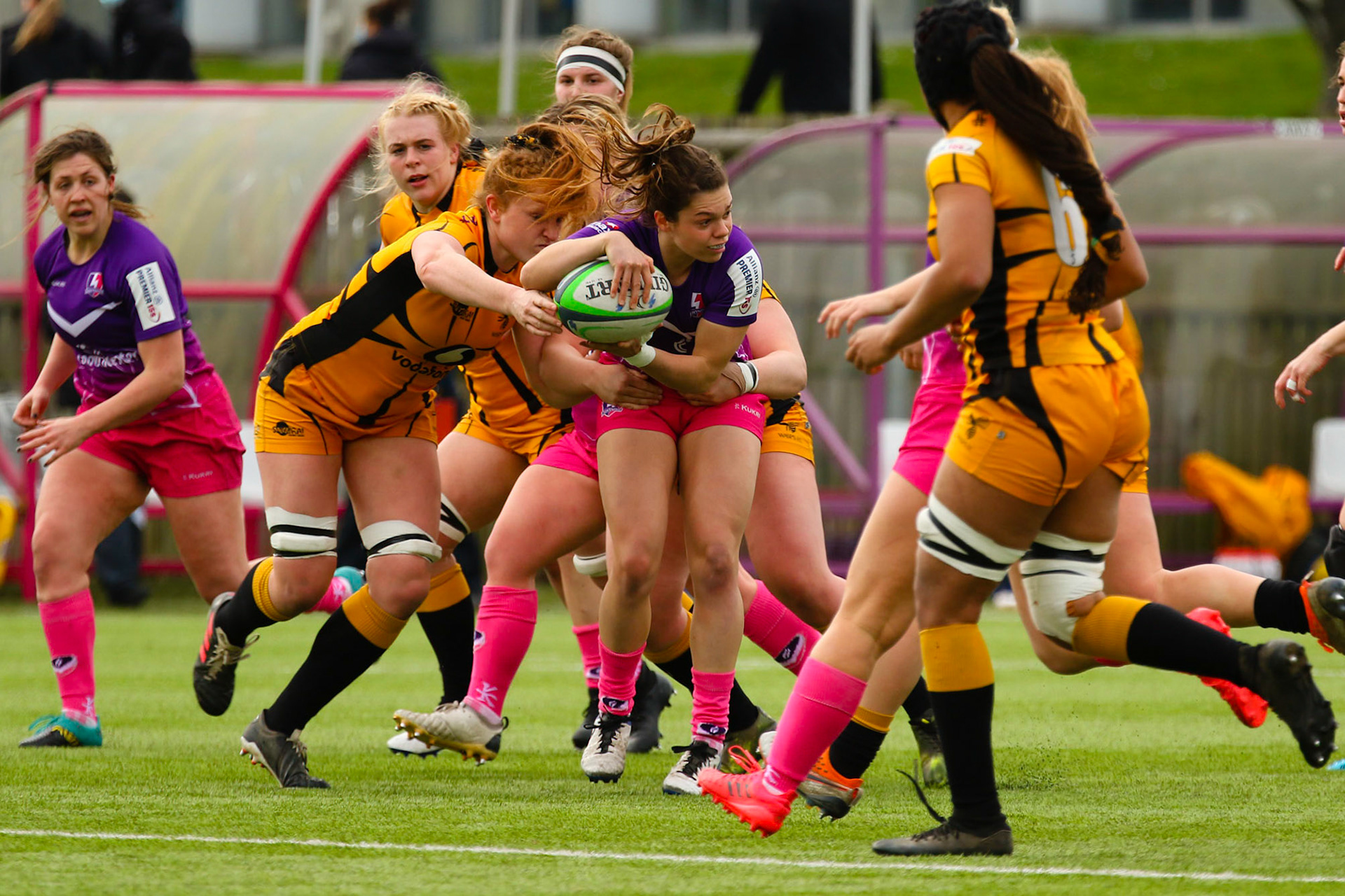 Action shot during the Allianz Premier 15s match between Loughborough Lightning and Wasps Ladies at Loughborough University, Loughborough, England on 20th March 2021.