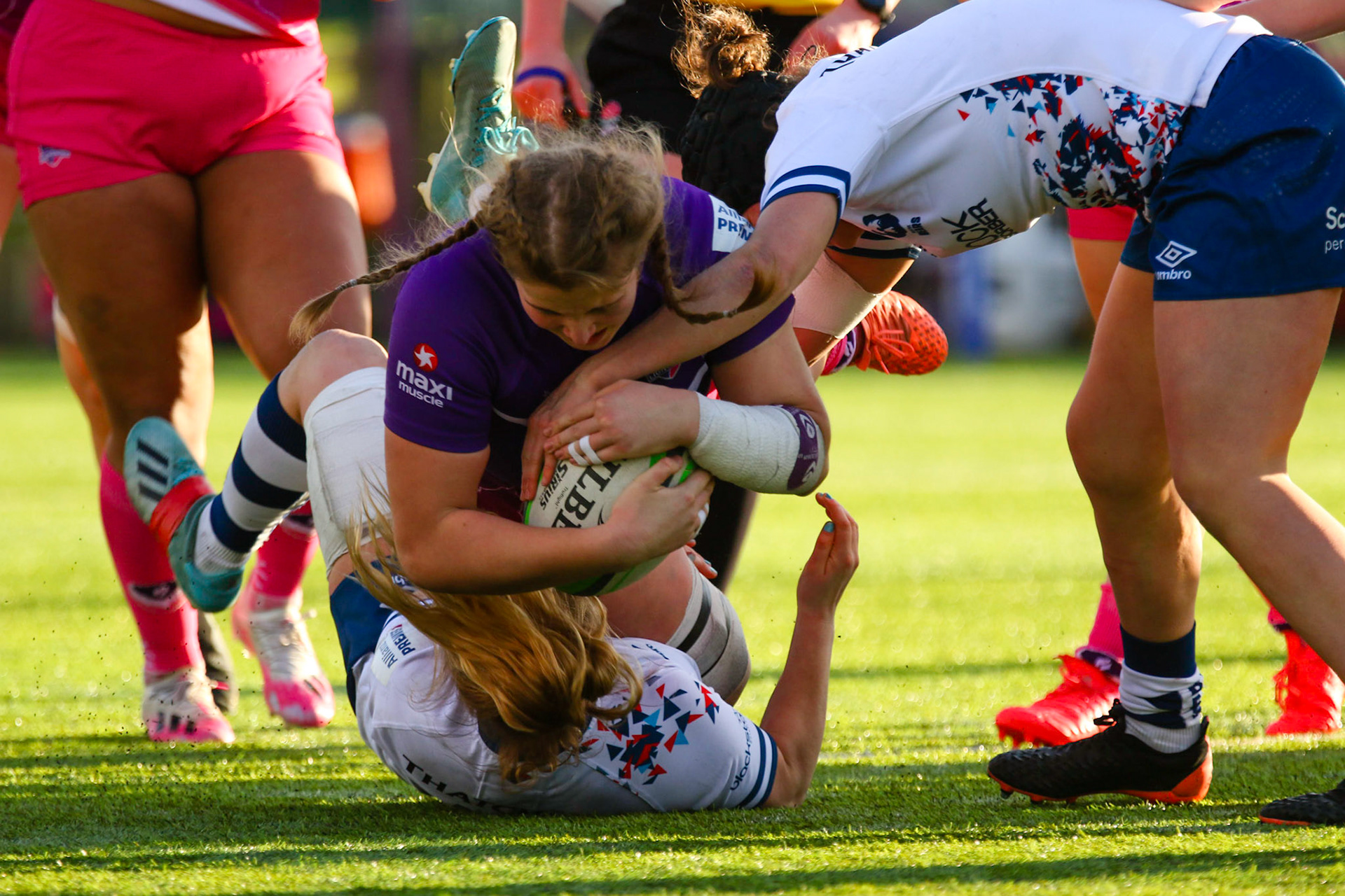 Tackle during the Allianz Premier 15s match between Loughborough Lightning and Bristol Bears at Loughborough University, Loughborough, England on 6th February 2021.
