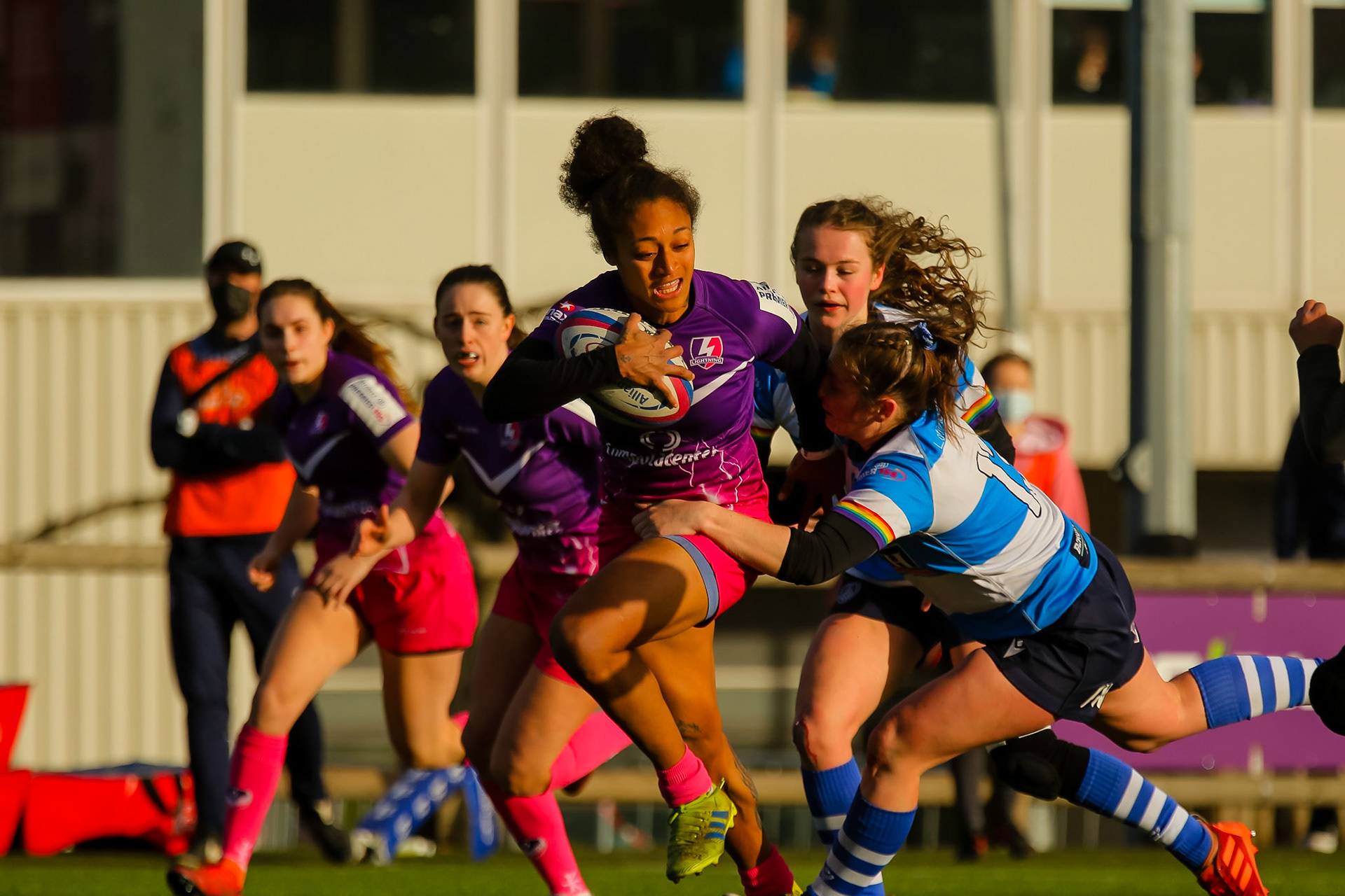 Bulou Mataitoga of Loughborough Lightning during the Allianz Premier 15s match between Loughborough Lightning and DMP Sharks at The Loughborough University, England on 28th Jan 2022. © @benlumleyphoto