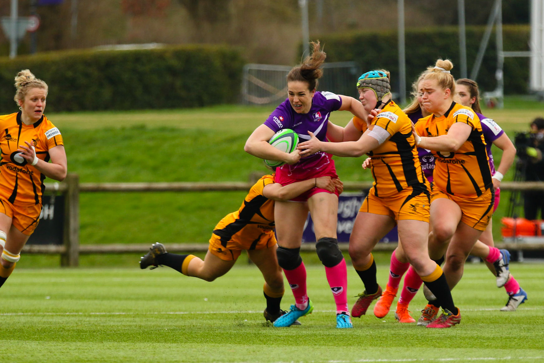 Action shot during the Allianz Premier 15s match between Loughborough Lightning and Wasps Ladies at Loughborough University, Loughborough, England on 20th March 2021.