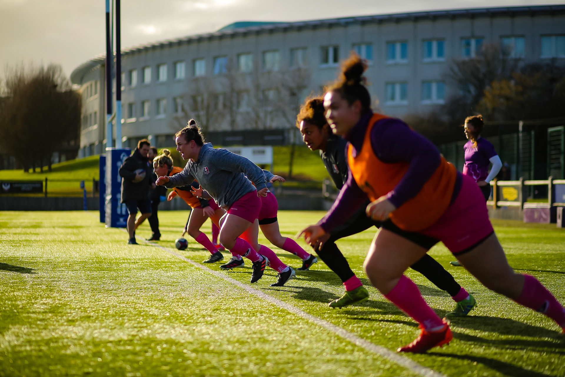 Warm up during the Allianz Premier 15s match between Loughborough Lightning and DMP Sharks at The Loughborough University, England on 28th Jan 2022. © @benlumleyphoto