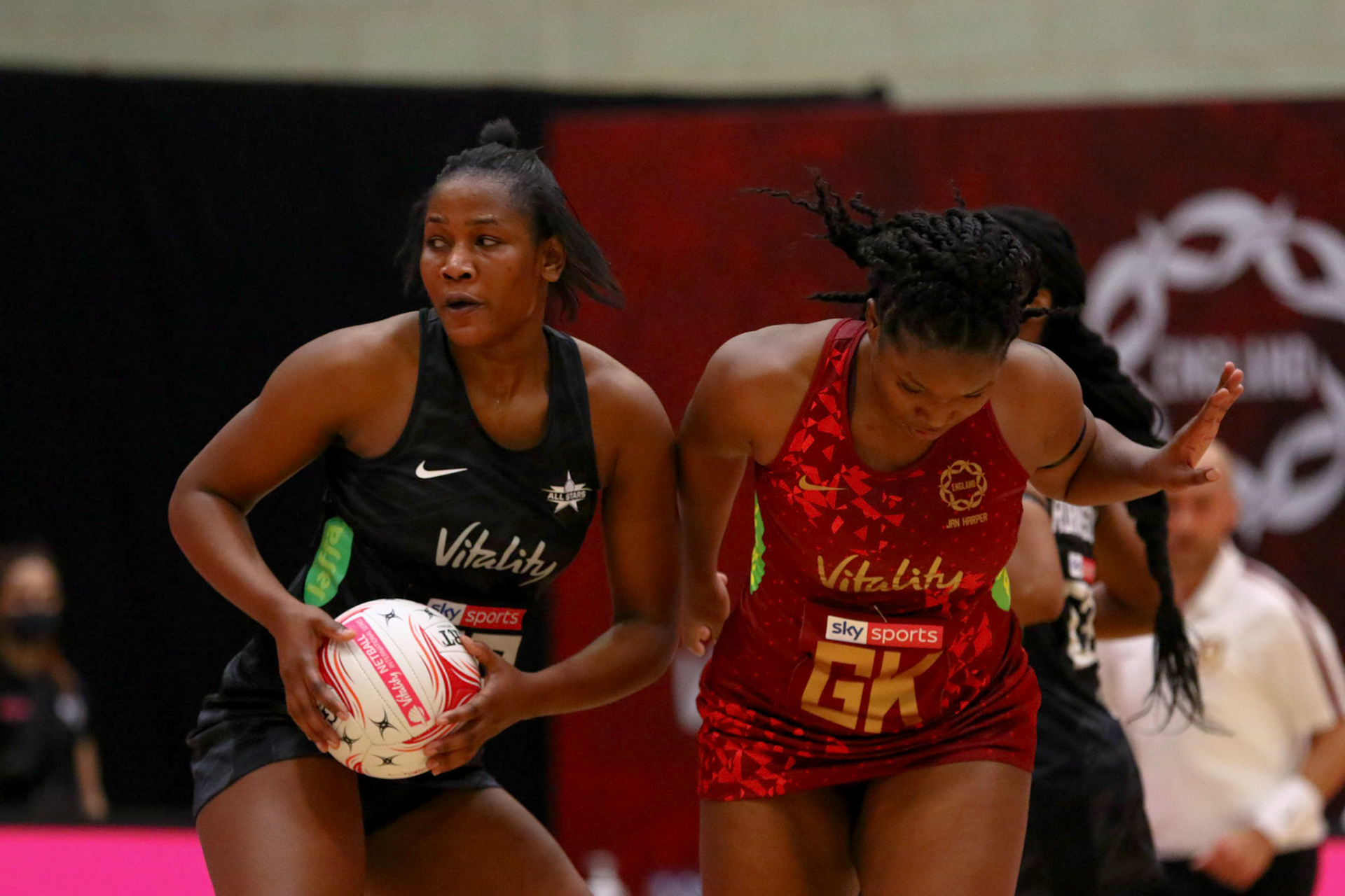 Razia Quashie of the Vitality England Roses during Game 1 of the Vitality Netball Legends Series at Loughborough University, Loughborough, England on 20th January 2021