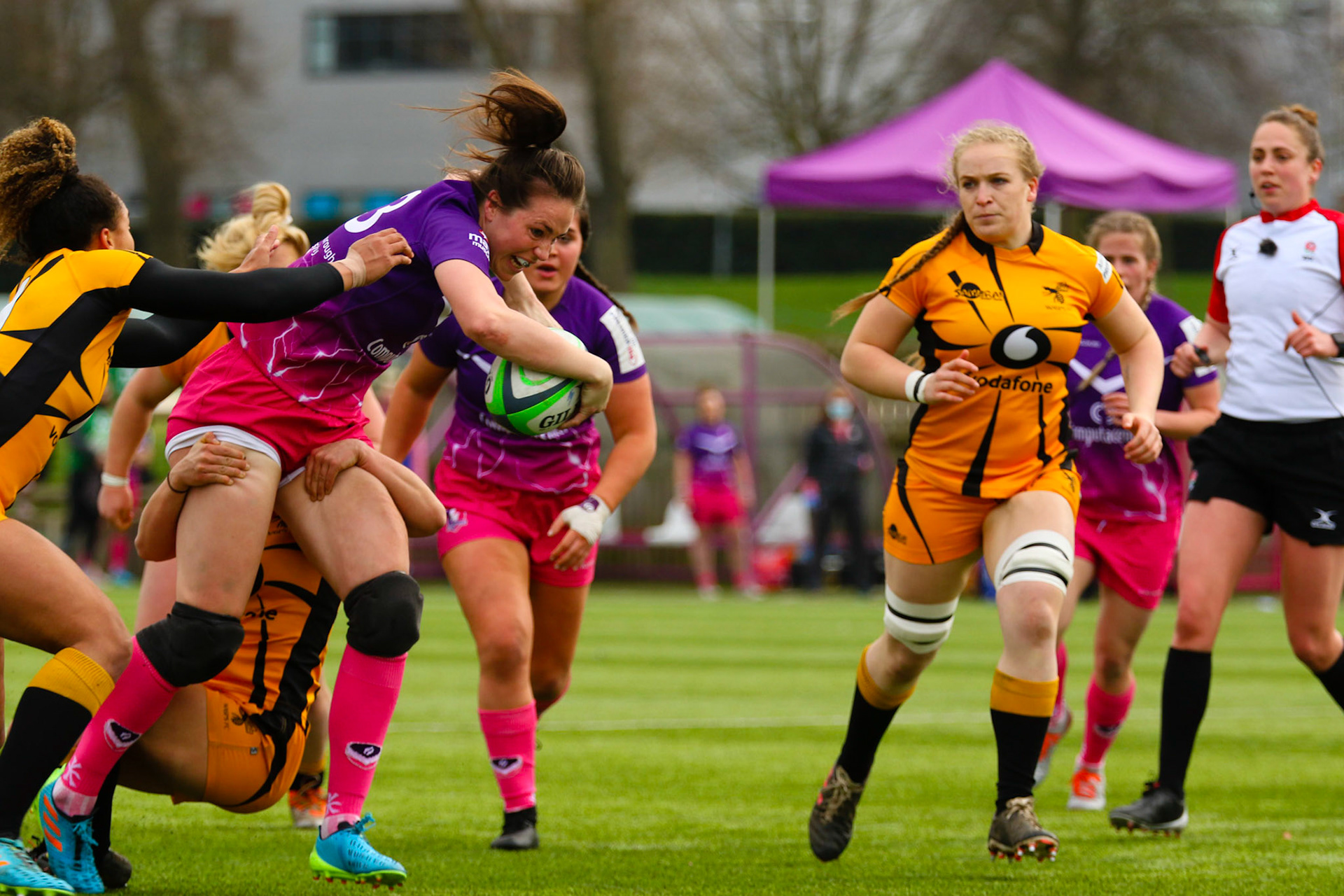Action shot during the Allianz Premier 15s match between Loughborough Lightning and Wasps Ladies at Loughborough University, Loughborough, England on 20th March 2021.