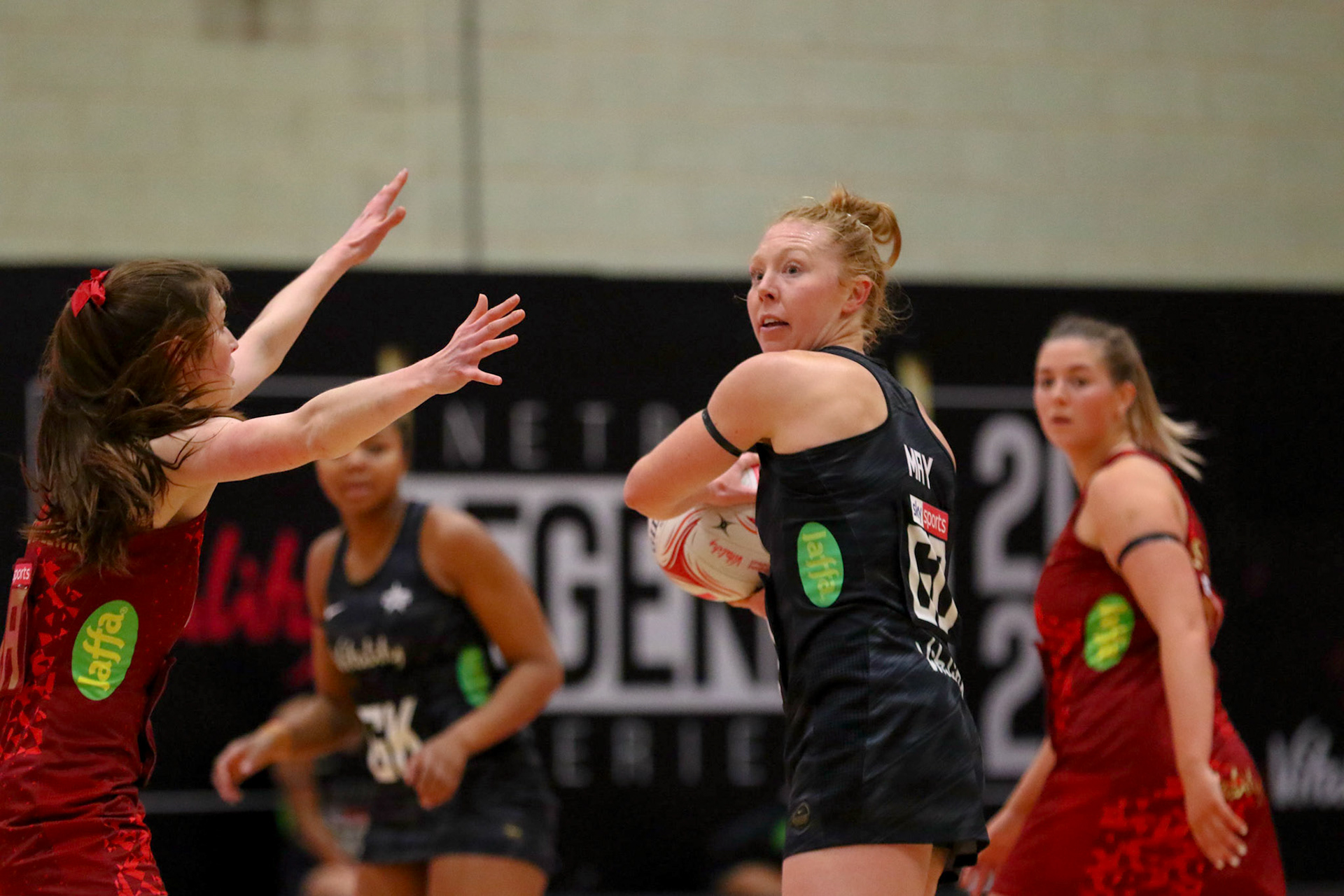 Sam May during Game 1 of the Vitality Netball Legends Series at Loughborough University, Loughborough, England on 20th January 2021