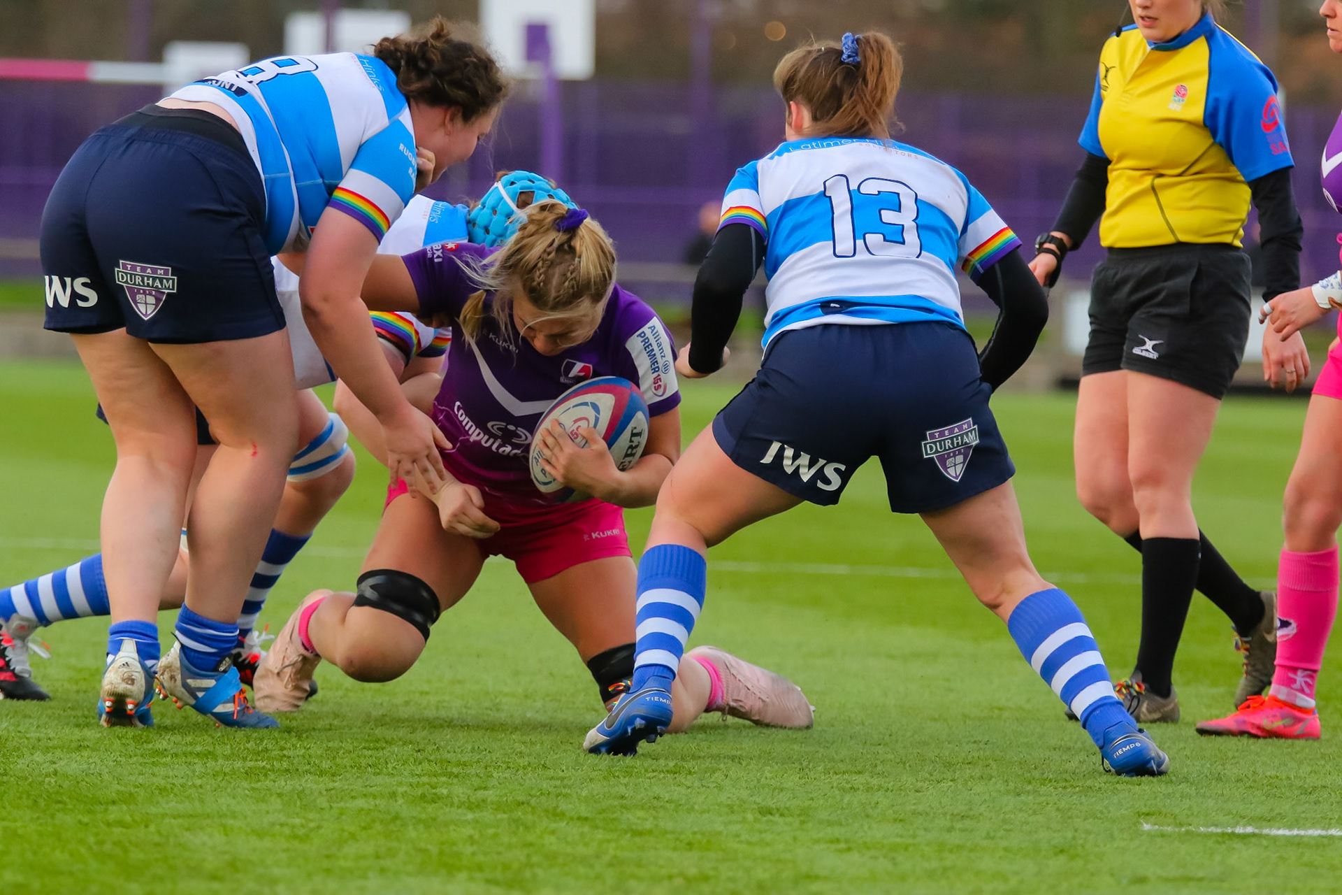 Courtney Holtkamp of Loughborough Lightning during the Allianz Premier 15s match between Loughborough Lightning and DMP Sharks at The Loughborough University, England on 28th Jan 2022. © @benlumleyphoto