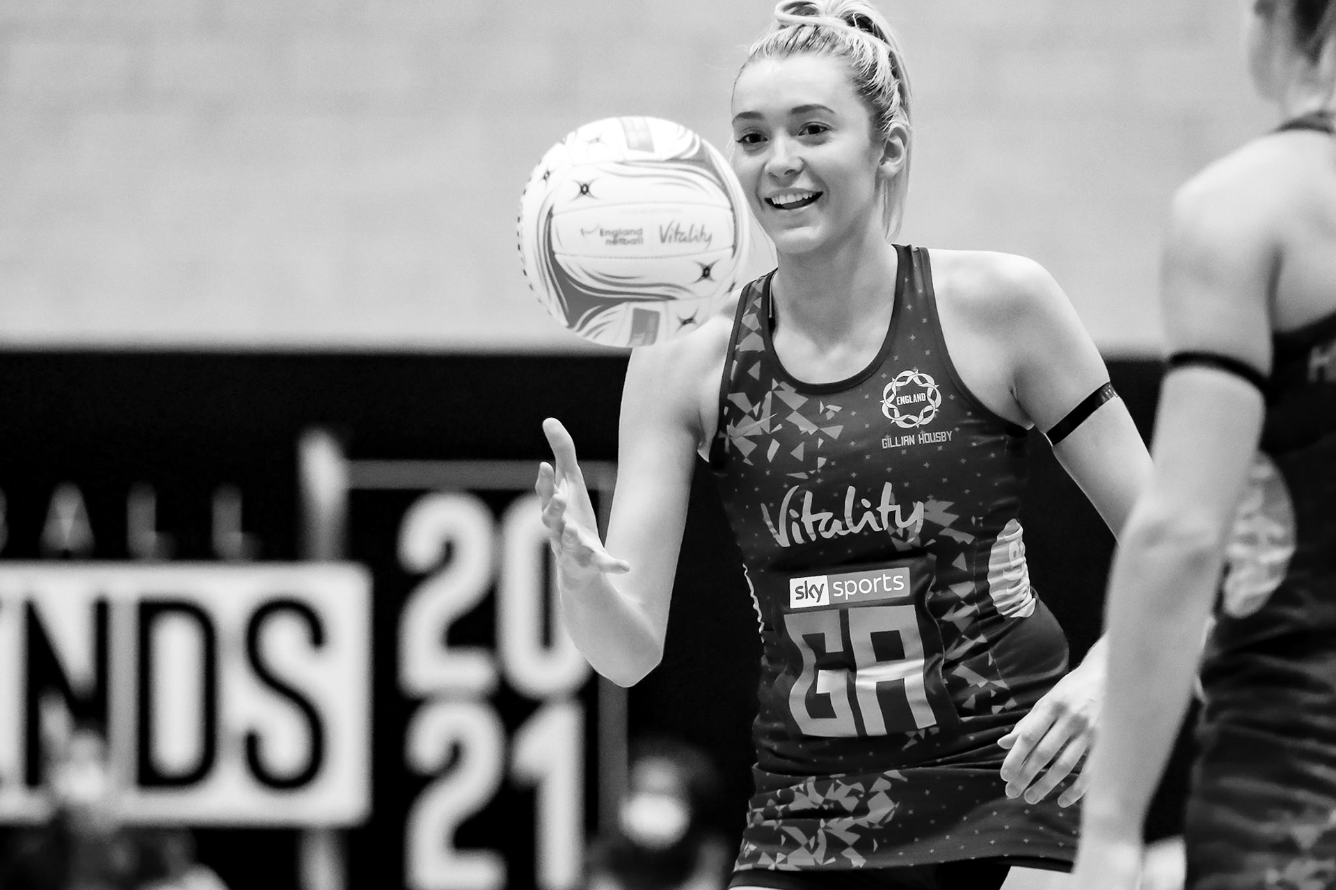 Helen Housby of the Vitality England Roses during Game 1 of the Vitality Netball Legends Series at Loughborough University, Loughborough, England on 20th January 2021