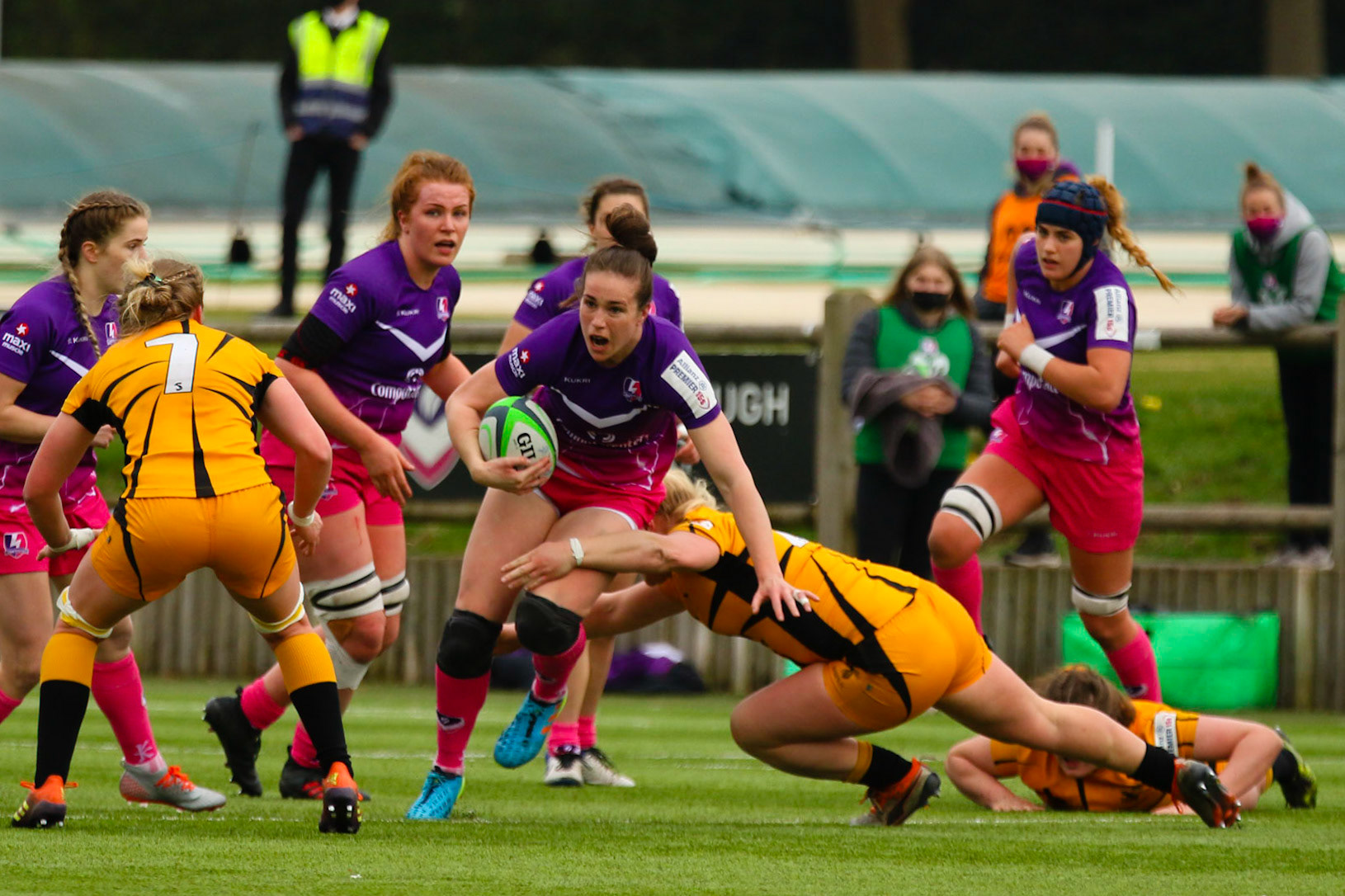 Action shot during the Allianz Premier 15s match between Loughborough Lightning and Wasps Ladies at Loughborough University, Loughborough, England on 20th March 2021.