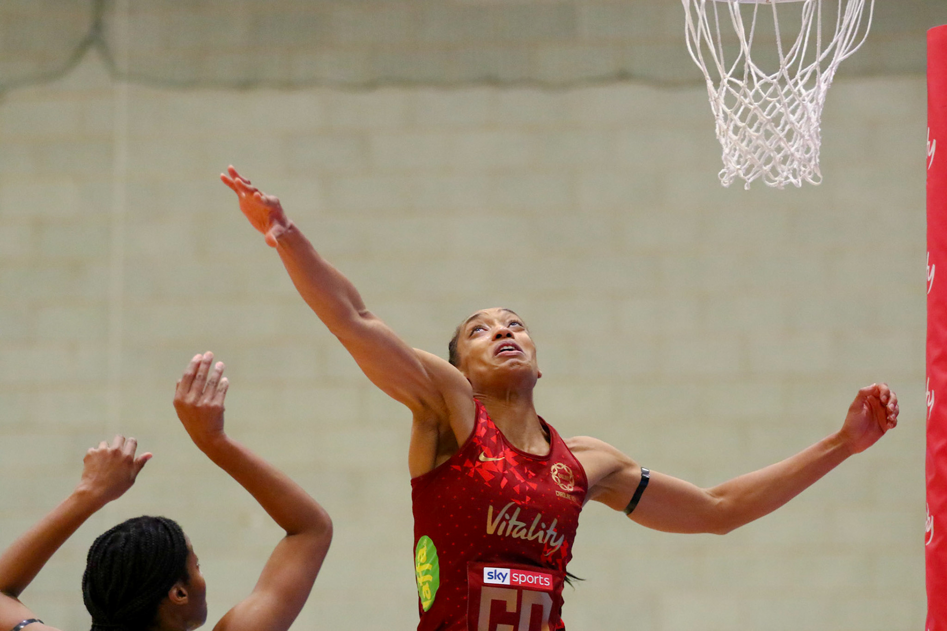 Layla Guscoth of the Vitality England Roses  during Game 1 of the Vitality Netball Legends Series at Loughborough University, Loughborough, England on 20th January 2021