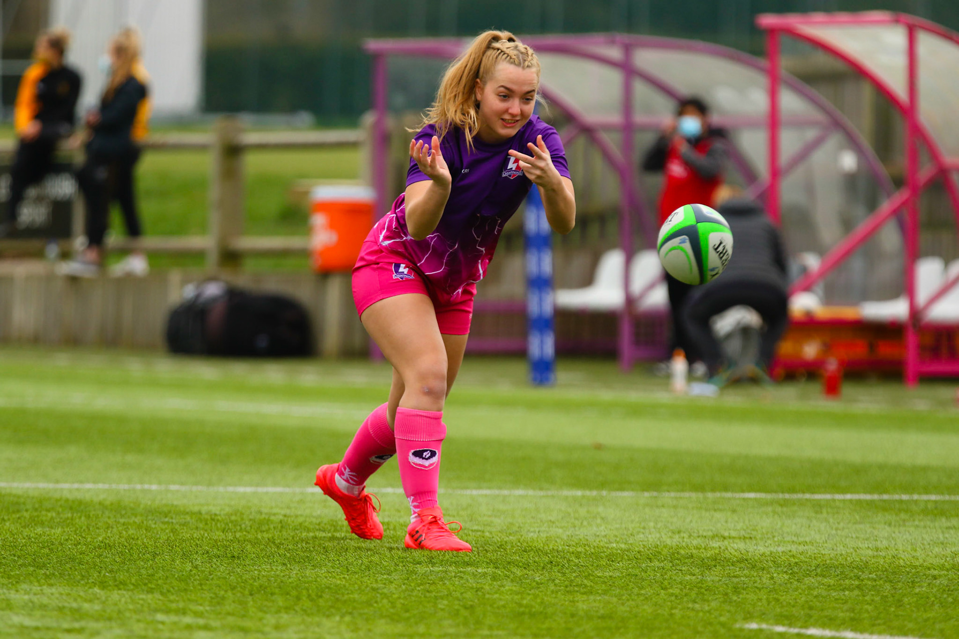 Warm up during the Allianz Premier 15s match between Loughborough Lightning and Wasps Ladies at Loughborough University, Loughborough, England on 20th March 2021.